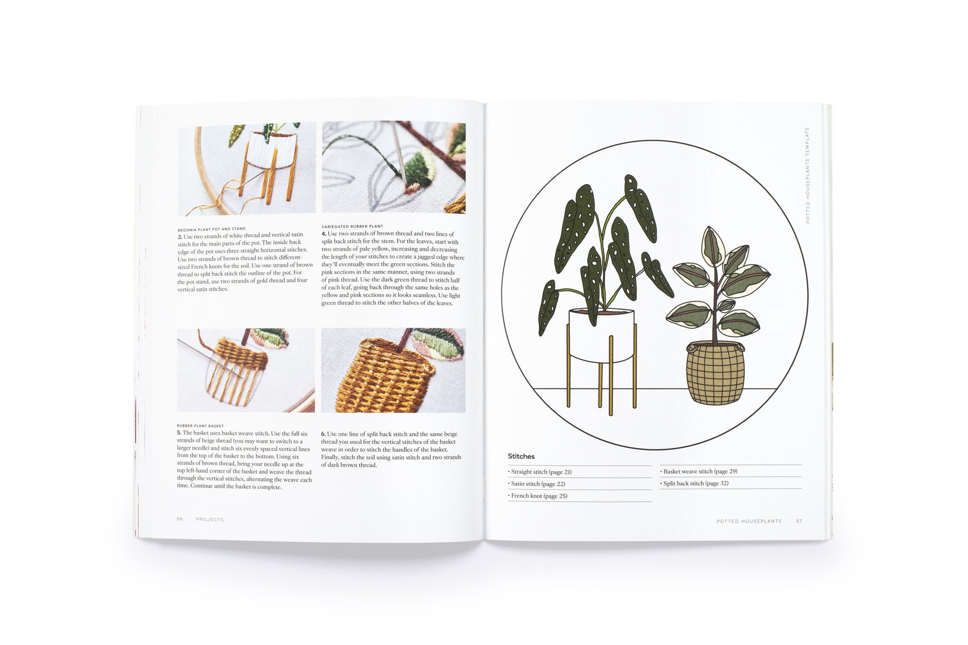 Open book page showing embroidery instructions for stitching potted houseplant designs.
