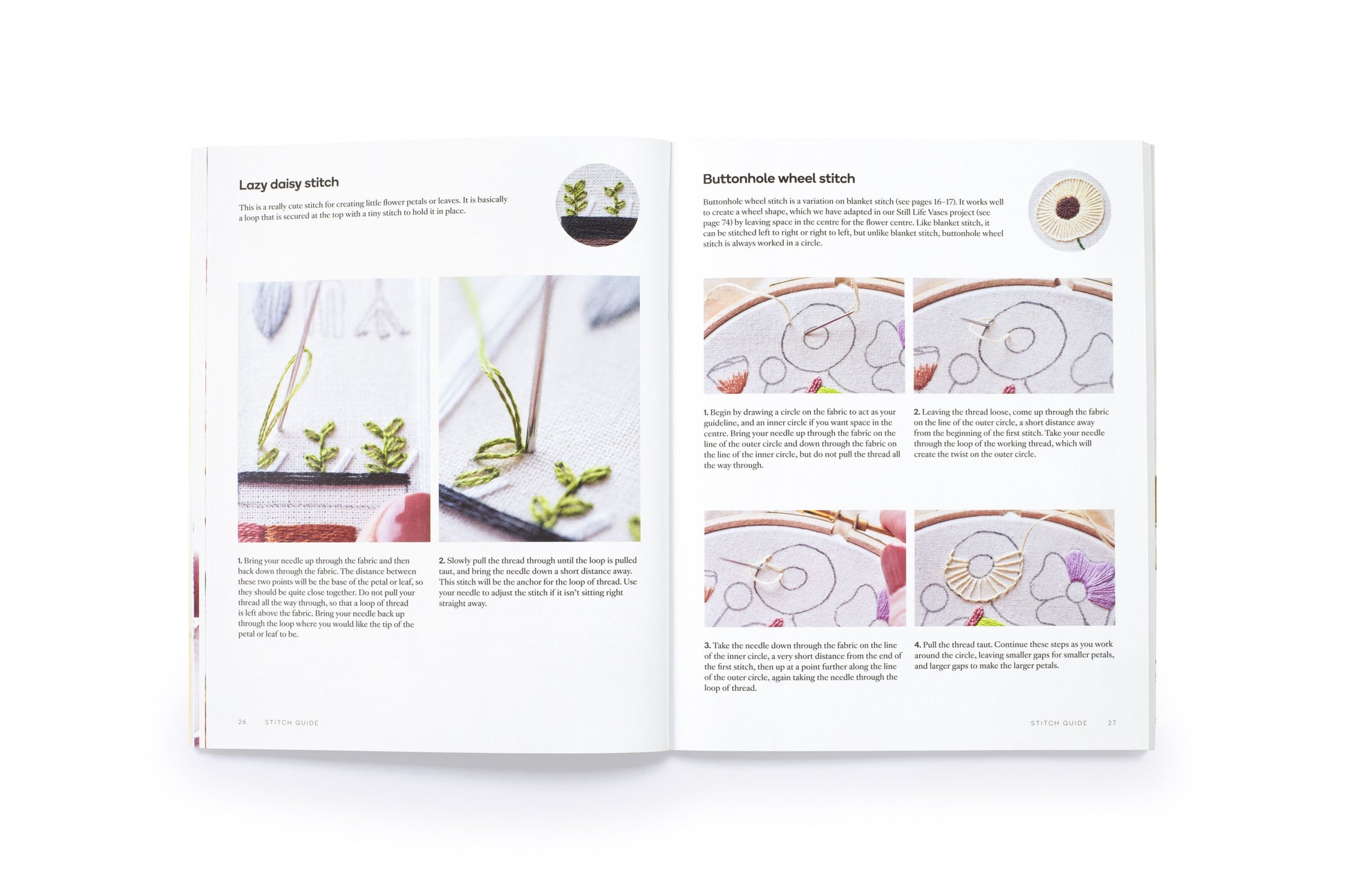 Open book page showing step-by-step tutorials for lazy daisy and buttonhole wheel embroidery stitches.
