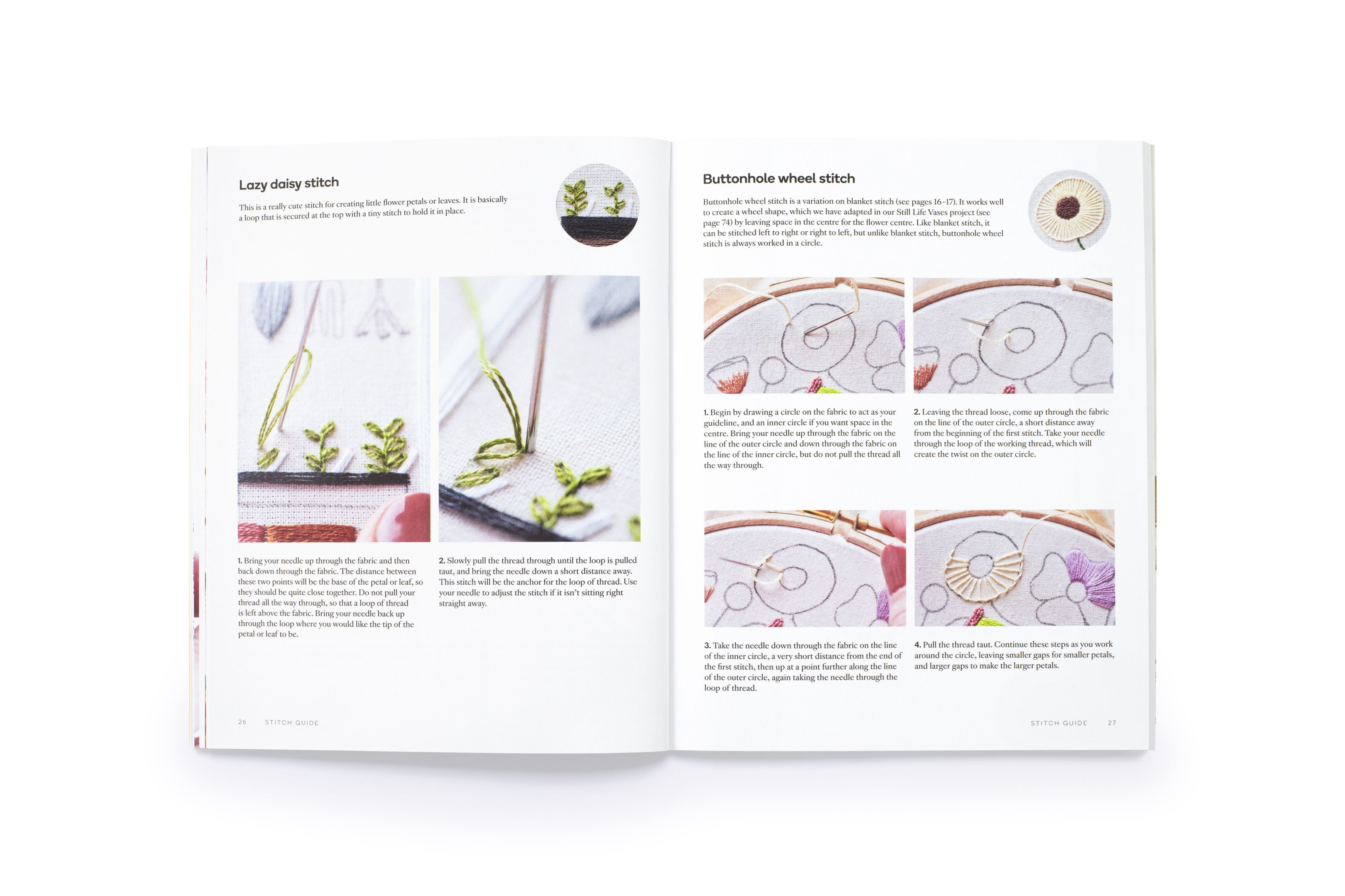 Open book page showing step-by-step tutorials for lazy daisy and buttonhole wheel embroidery stitches.