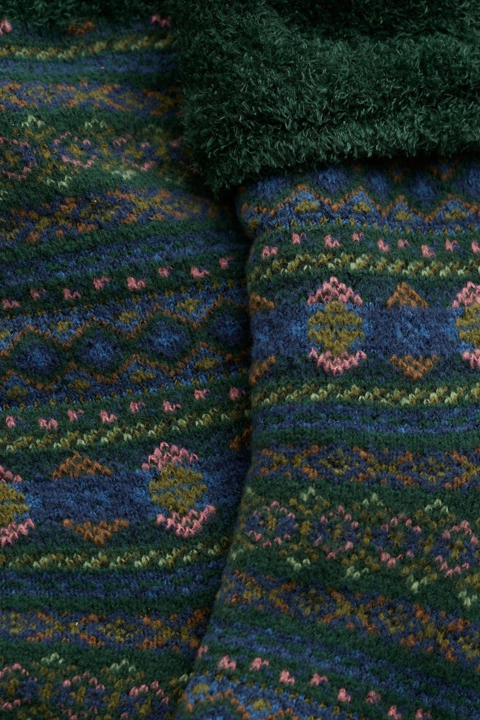 Close-up of Seasalt Cornwall cosy socks featuring a dark green, blue, and pink Fair Isle knit pattern.