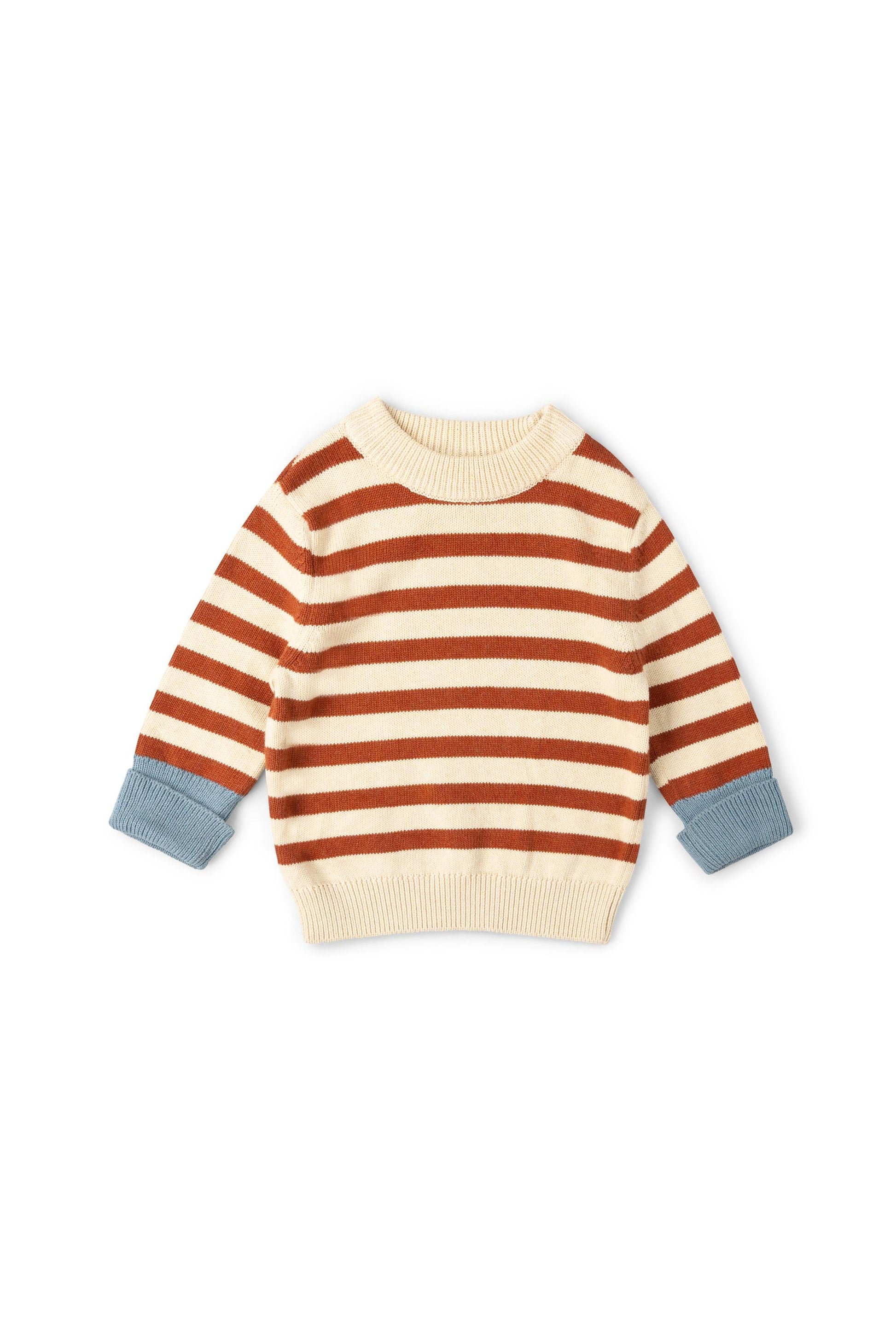 Striped kids sweater with brown and beige pattern on a white background