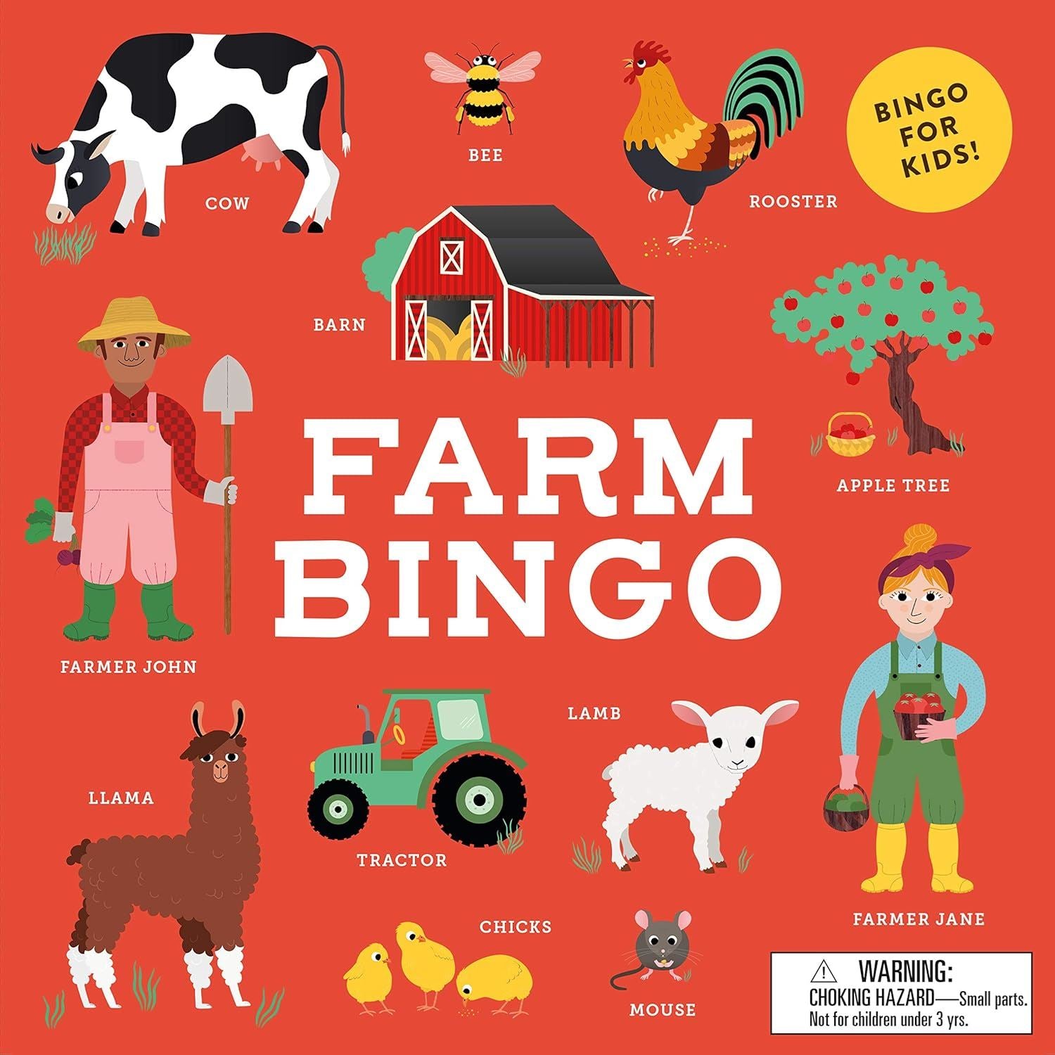 Colorful Farm Bingo game board for kids featuring illustrations of animals, farmers, and a barn on a red background.