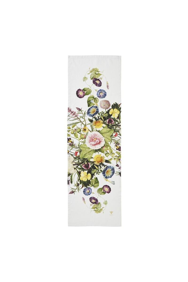 Floral linen table runner on a white background