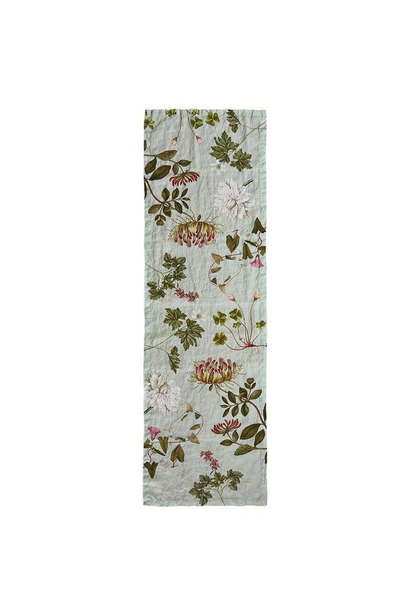 Floral linen table runner on a white background