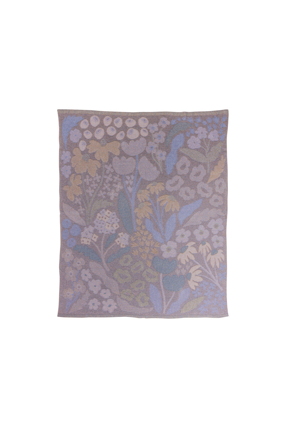 Organic cotton knit blanket featuring a muted floral pattern in soft blue, purple, and cream tones.