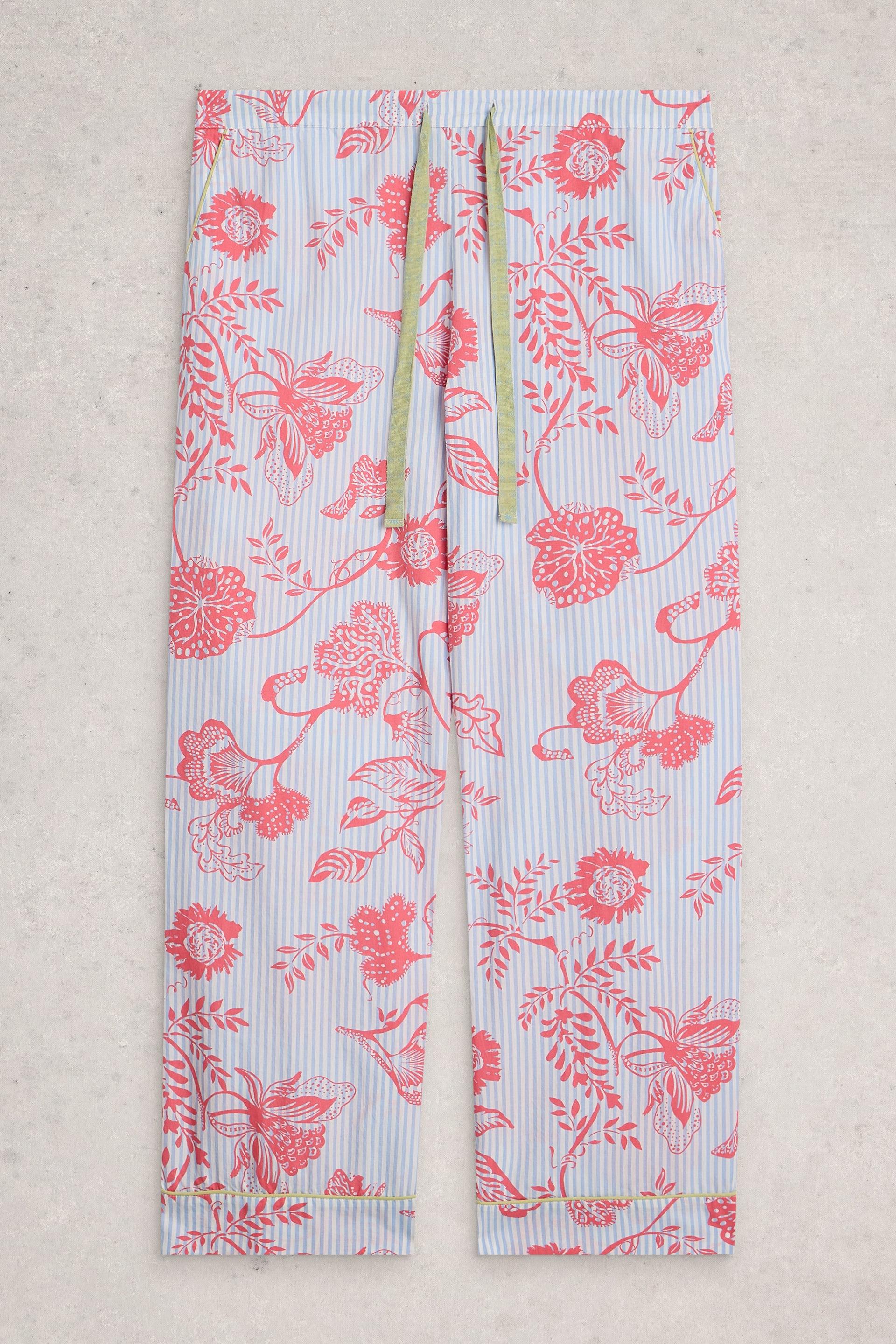 Pair of organic cotton pyjama bottoms with a blue striped background and a vibrant pink floral print.