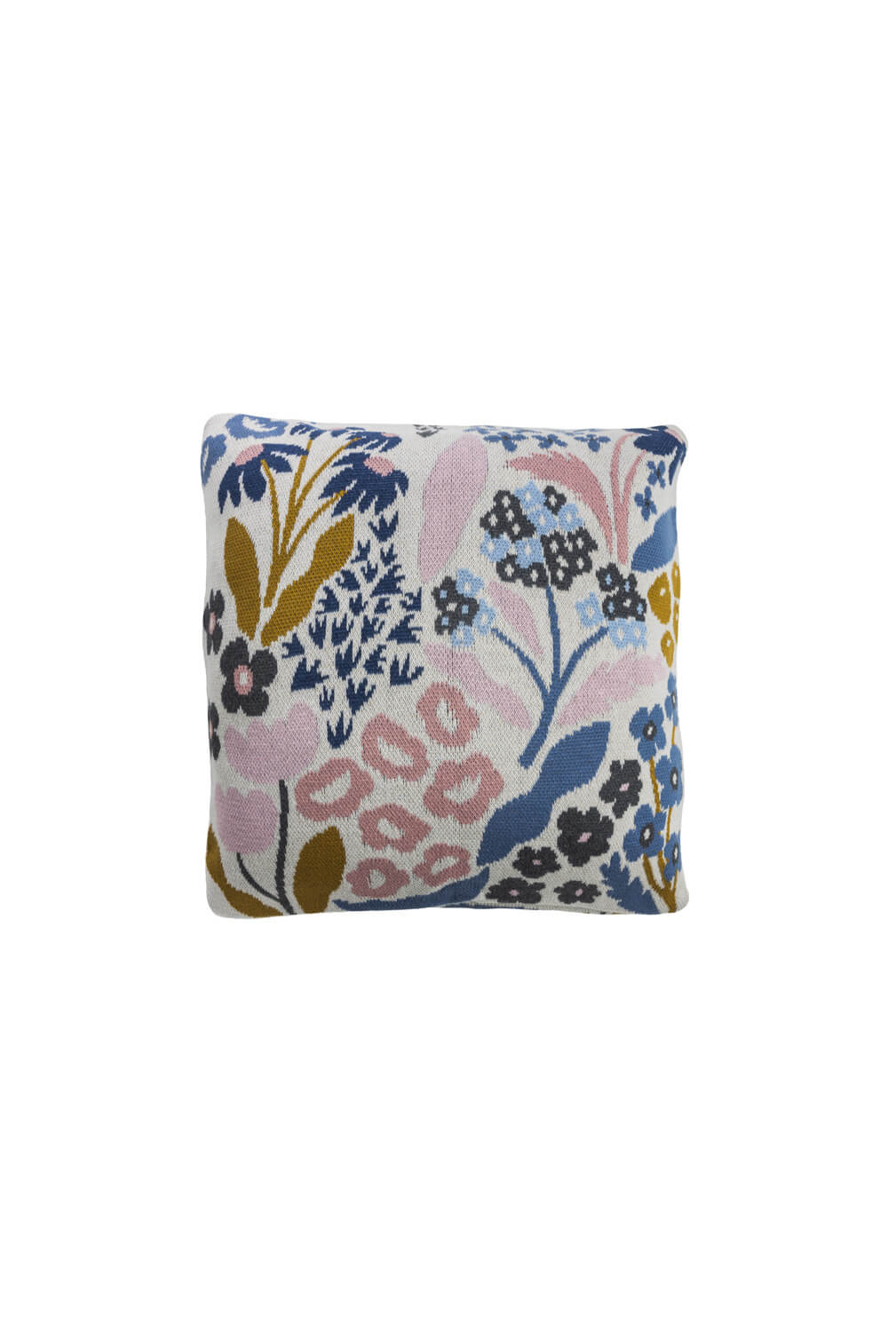 A square organic cotton throw pillow featuring a multi-colored floral botanical pattern on a white background.