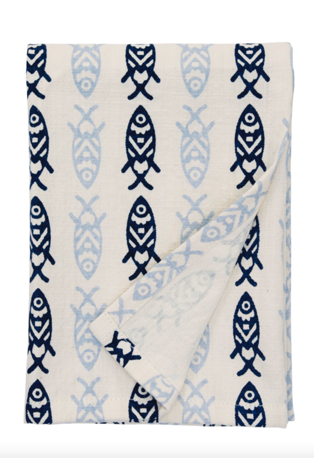 Folded kitchen tea towel with navy blue and light blue stylized fish pattern on off-white fabric.