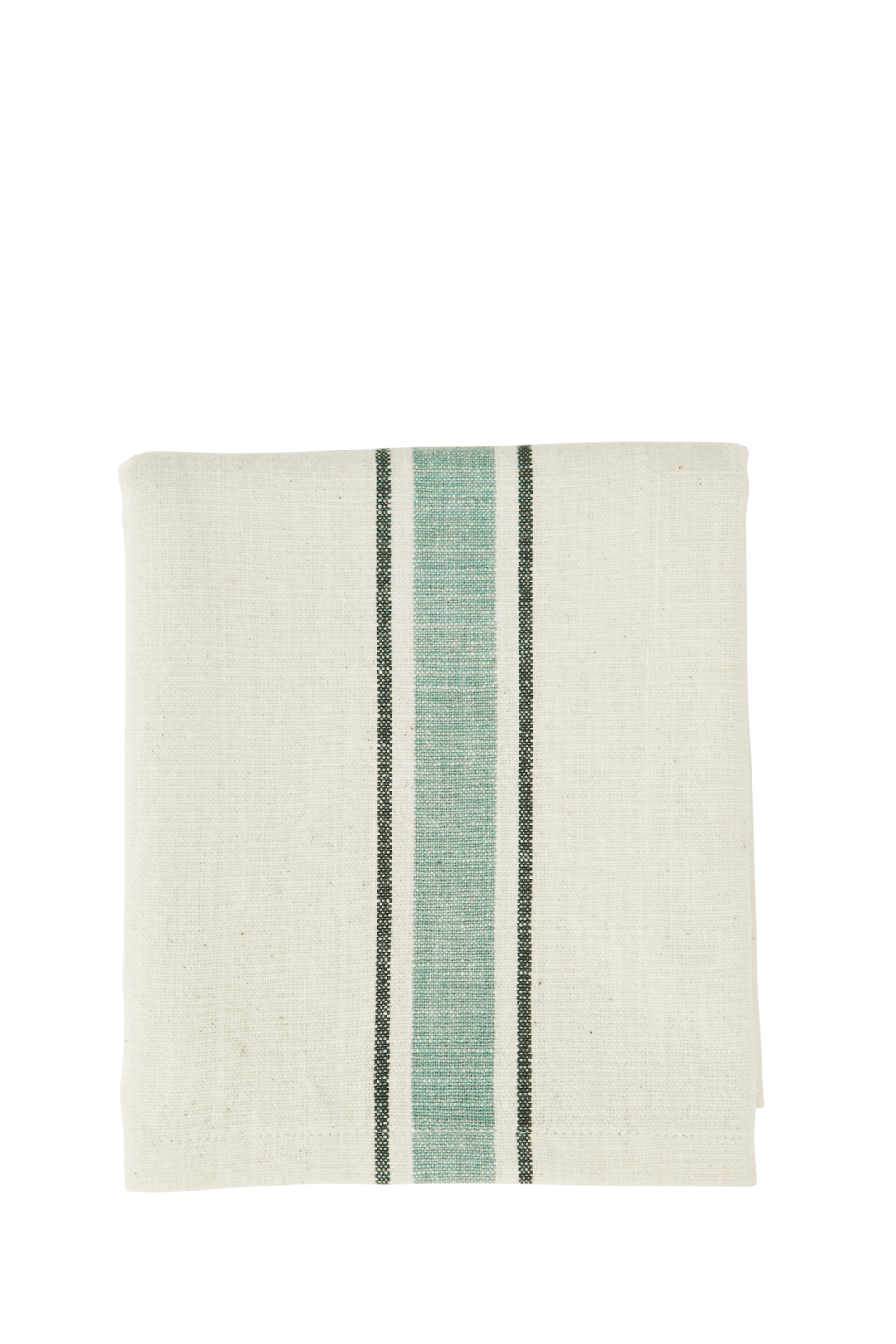 A neatly folded cream-colored cotton towel with a wide sage green and thin black stripe pattern isolated on white.