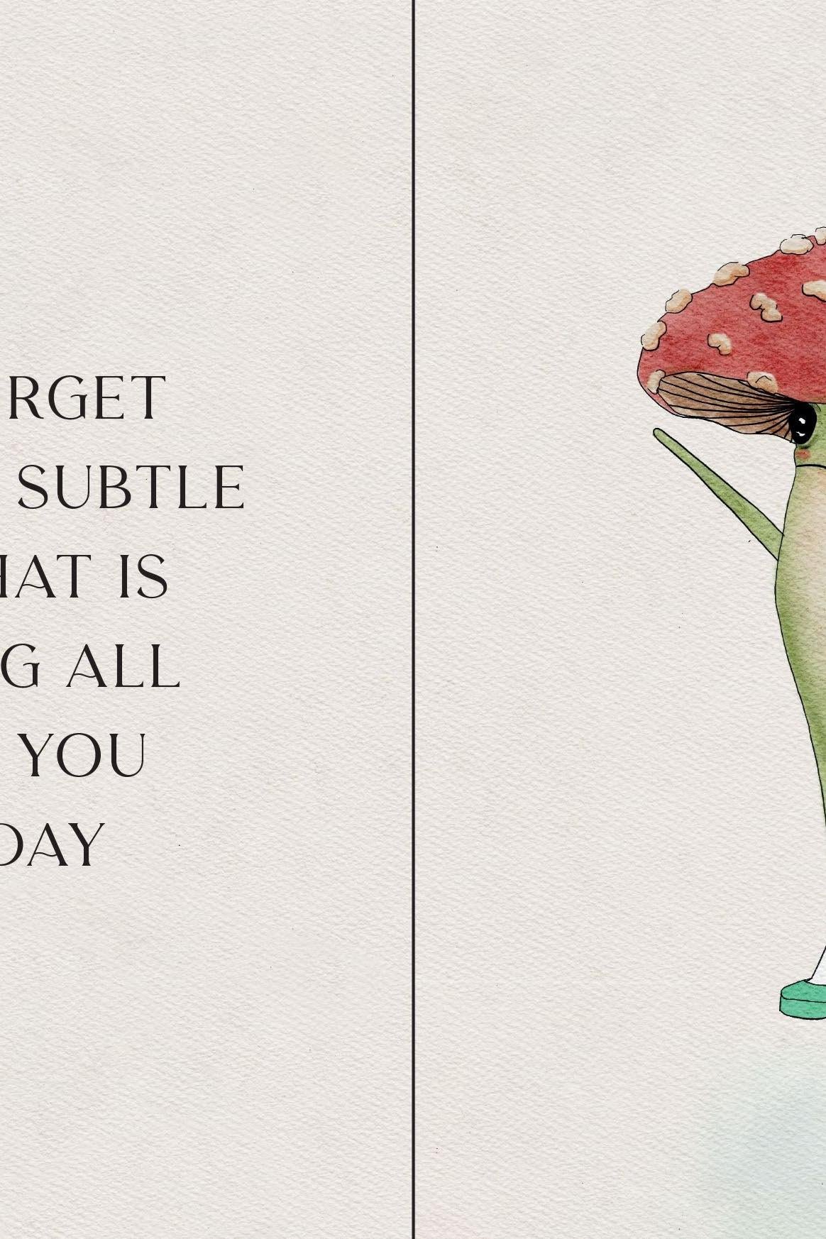 A whimsical illustration of a frog wearing a red mushroom cap as a hat, white socks, and green high heels.