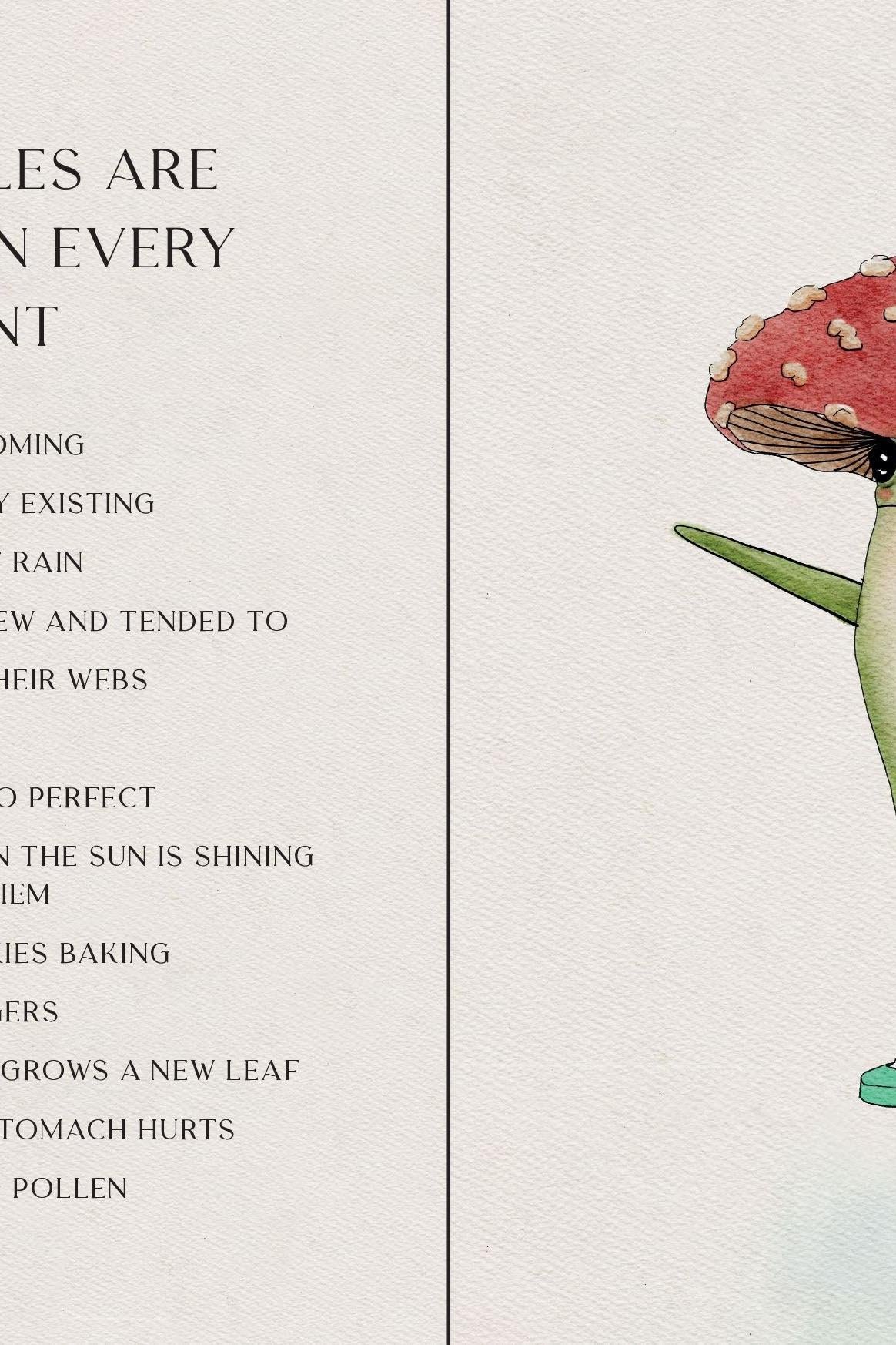 A whimsical frog wearing a mushroom hat and green high heels next to a list of tiny miracles in a humorous gift book.