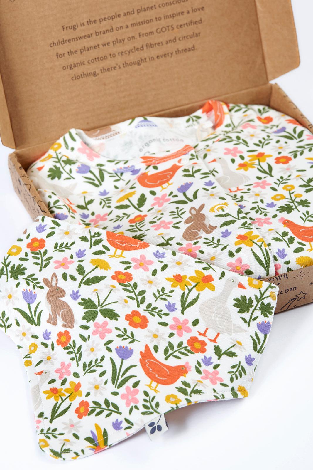 Floral and animal patterned baby giftset in a cardboard box