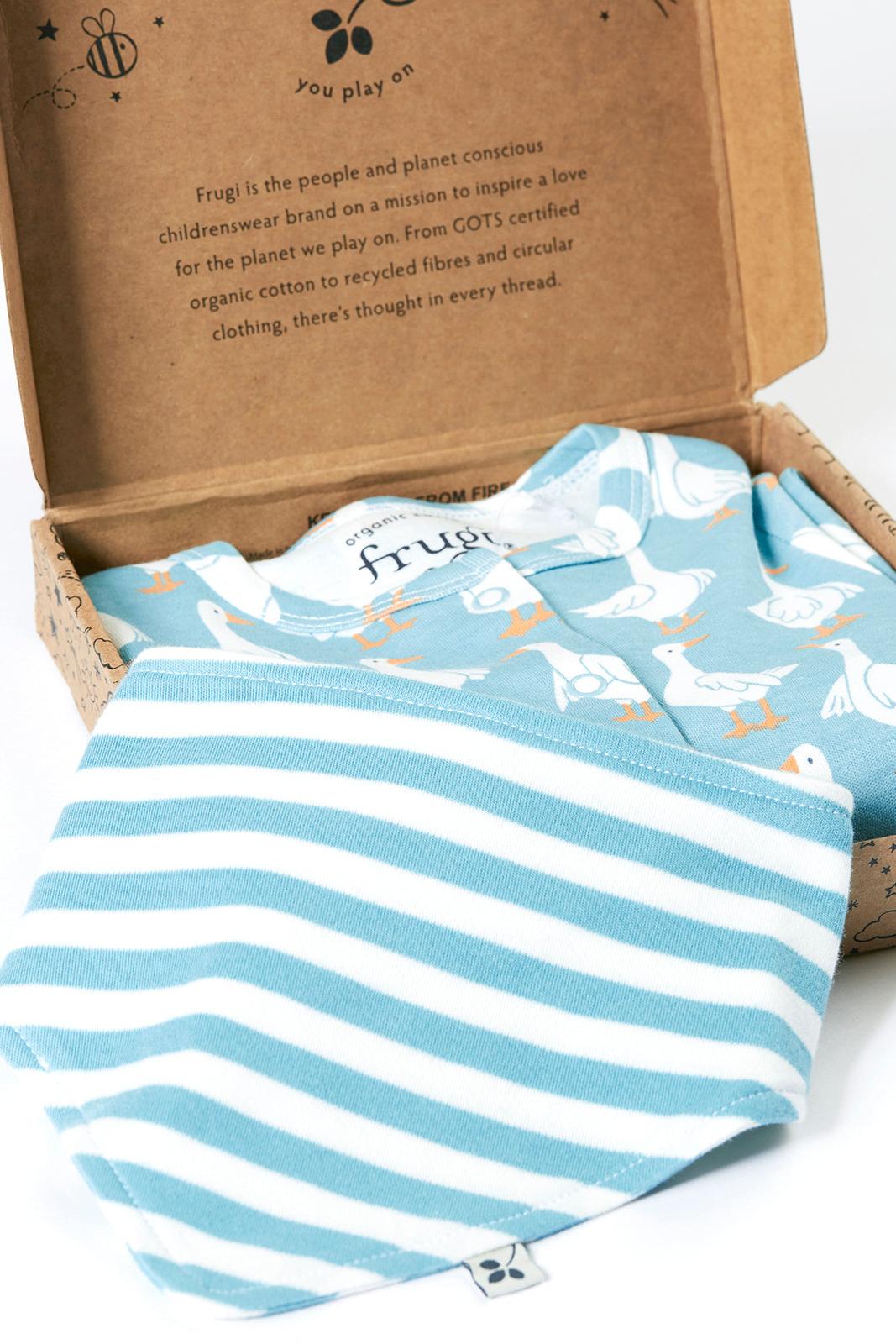 Baby clothing set with blue and white printed onesie and striped bib in a cardboard box.