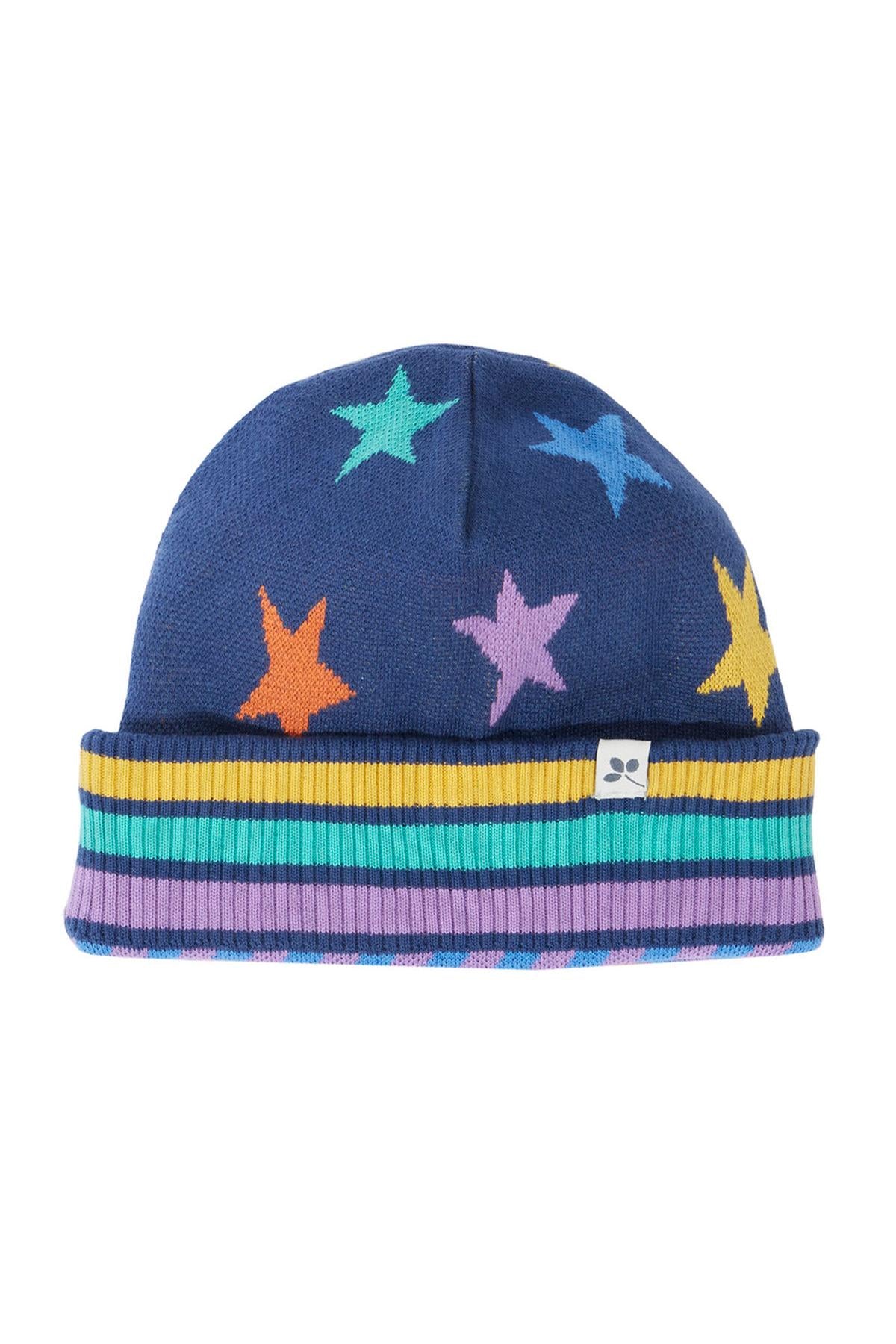 A navy blue Frugi knit beanie hat with colorful stars and a multi-colored striped ribbed cuff