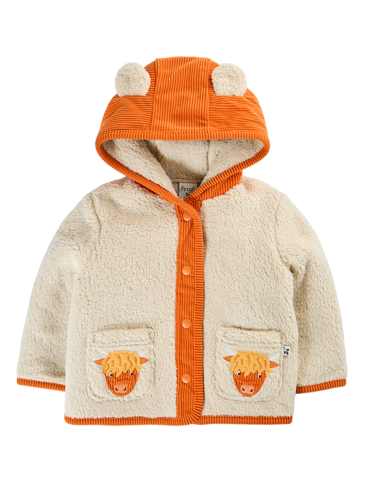 Frugi boys fleece hooded jacket in cream with orange corduroy trim and Highland cow pocket details.