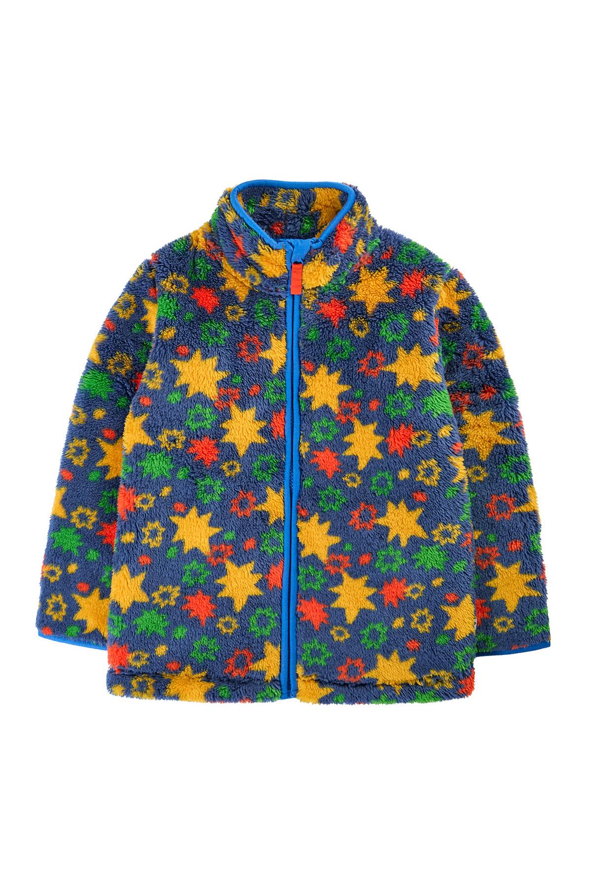 Frugi recycled polyester boys fleece jacket with a colourful star and floral print on a blue background.