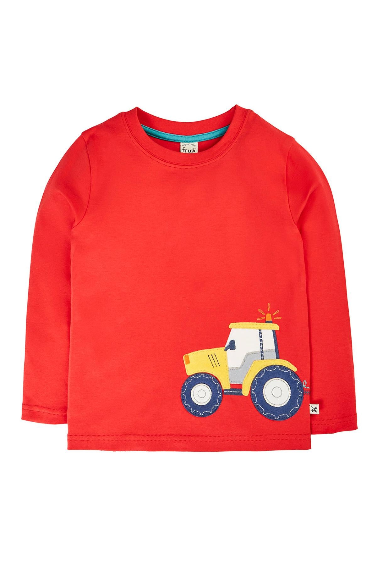 A Frugi organic cotton long-sleeve red boys top featuring a yellow tractor applique.