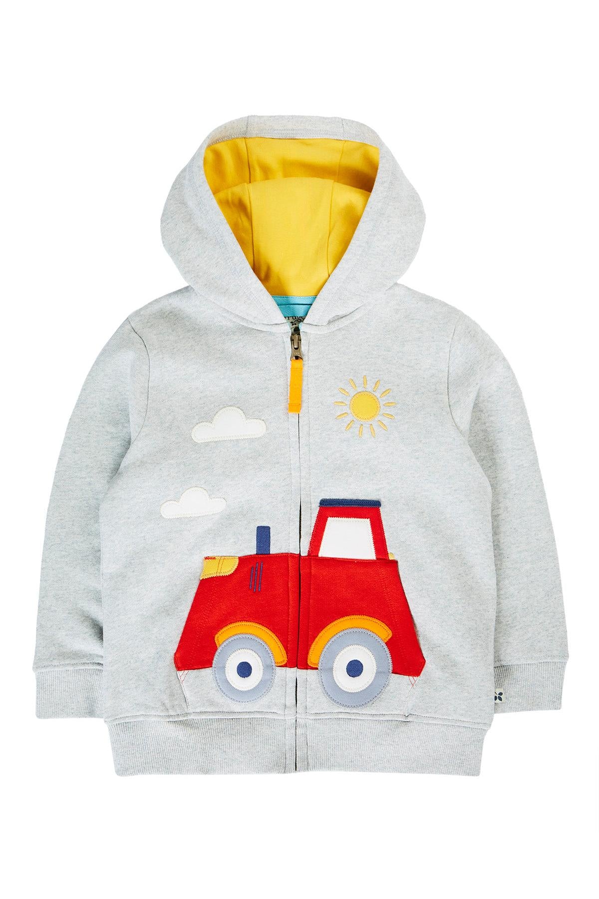 Children's organic cotton hoodie with a red car design on a white background