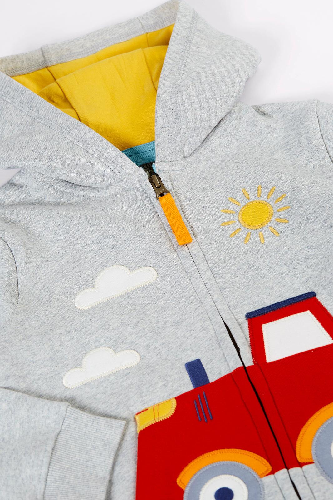 Children's jacket with sun, cloud, and red car design on a gray background