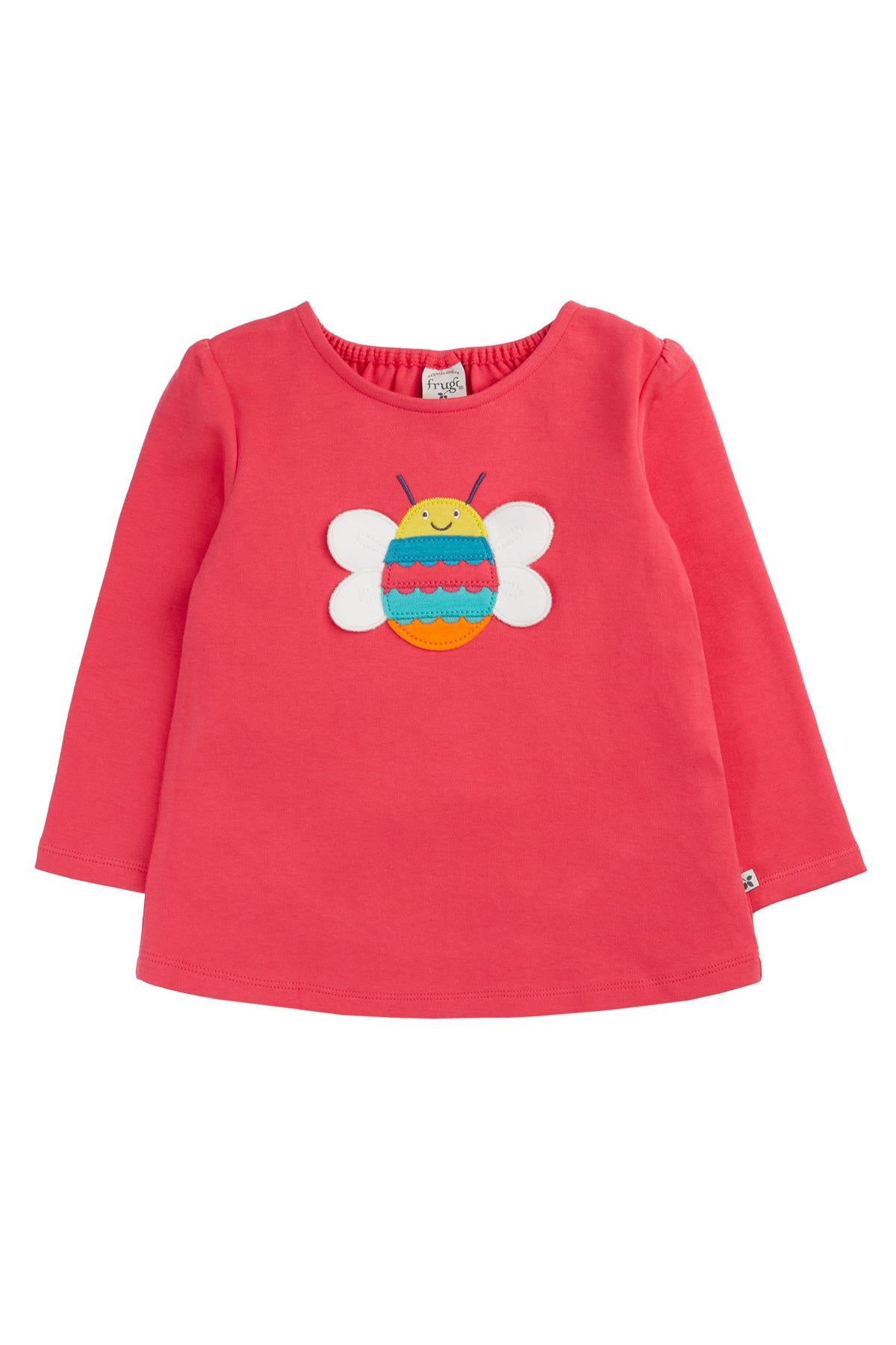Red long-sleeve shirt with a colorful bee design on a white background