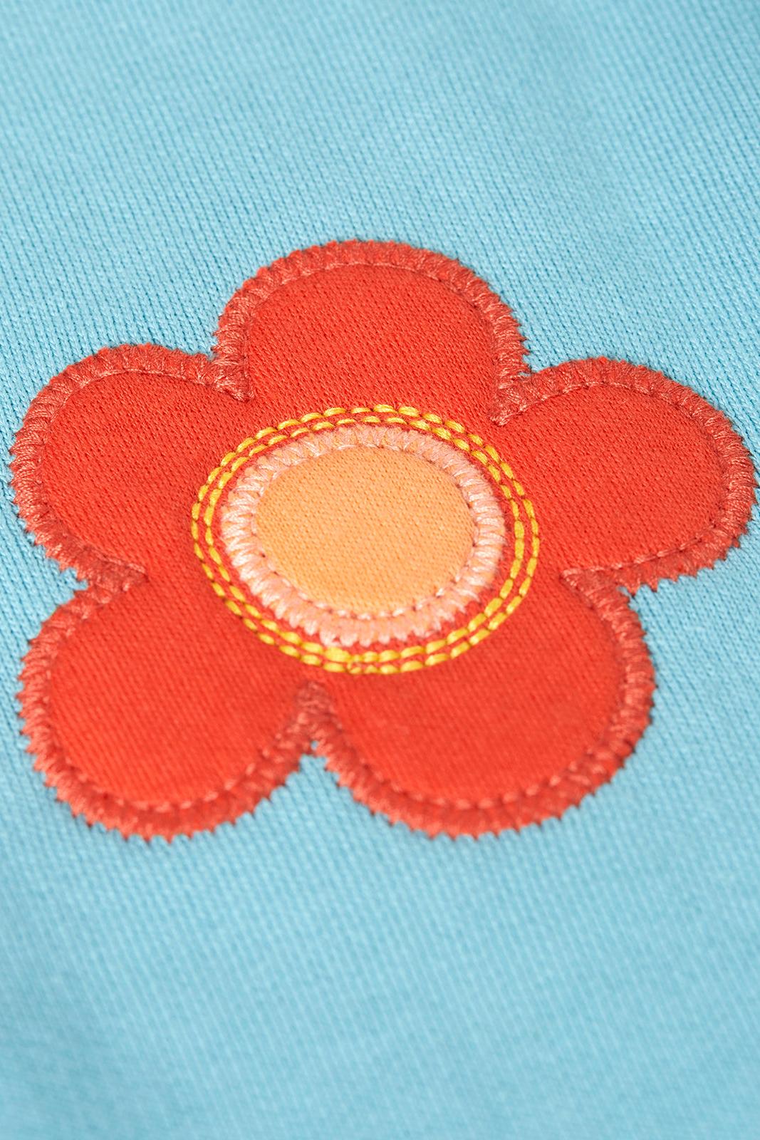 Red flower patch on a blue background