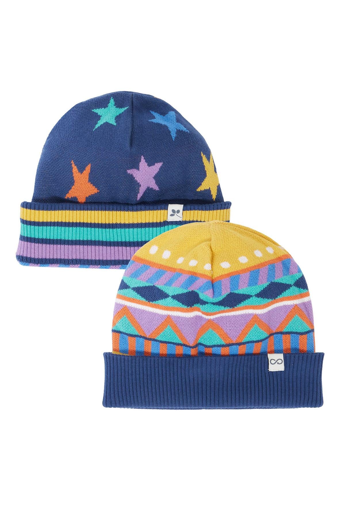 Two Frugi knitted winter beanies featuring vibrant star and geometric patterns on a white background