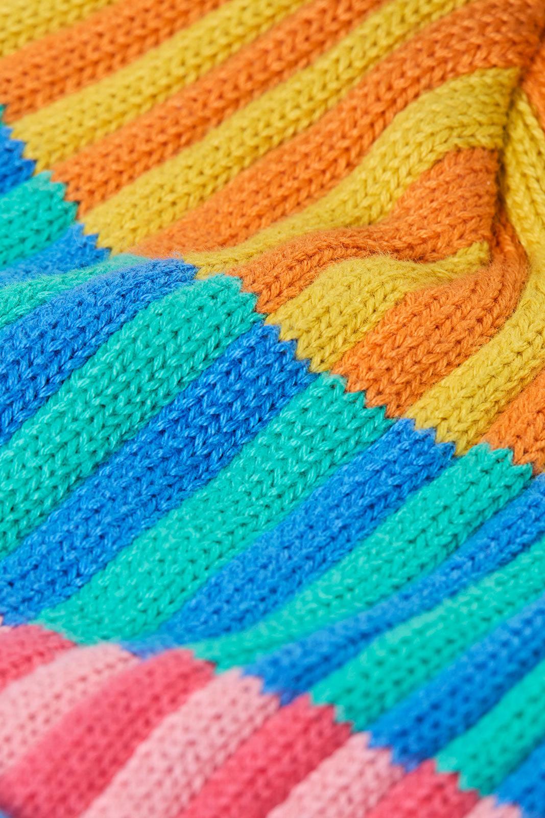 Close up of vibrant multi-colored ribbed knit fabric from Frugi clothing