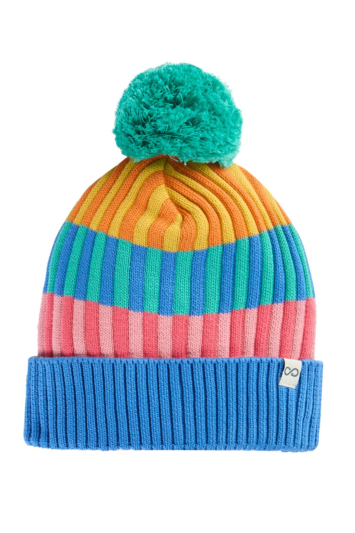 Frugi children's beanie hat with colorful horizontal stripes and a bright teal pom-pom