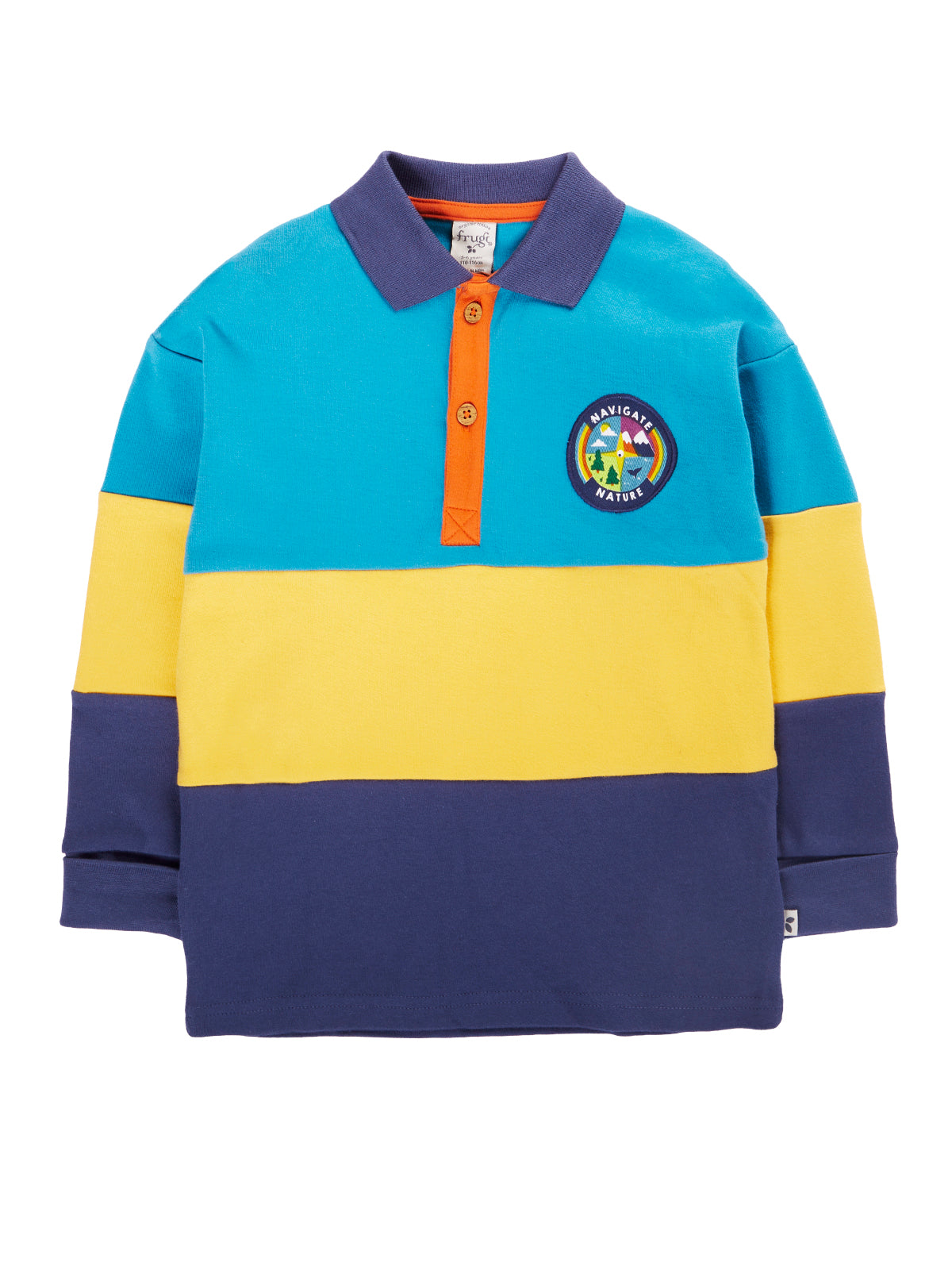 Frugi colourful organic cotton rugby shirt with Navigate Nature chest patch