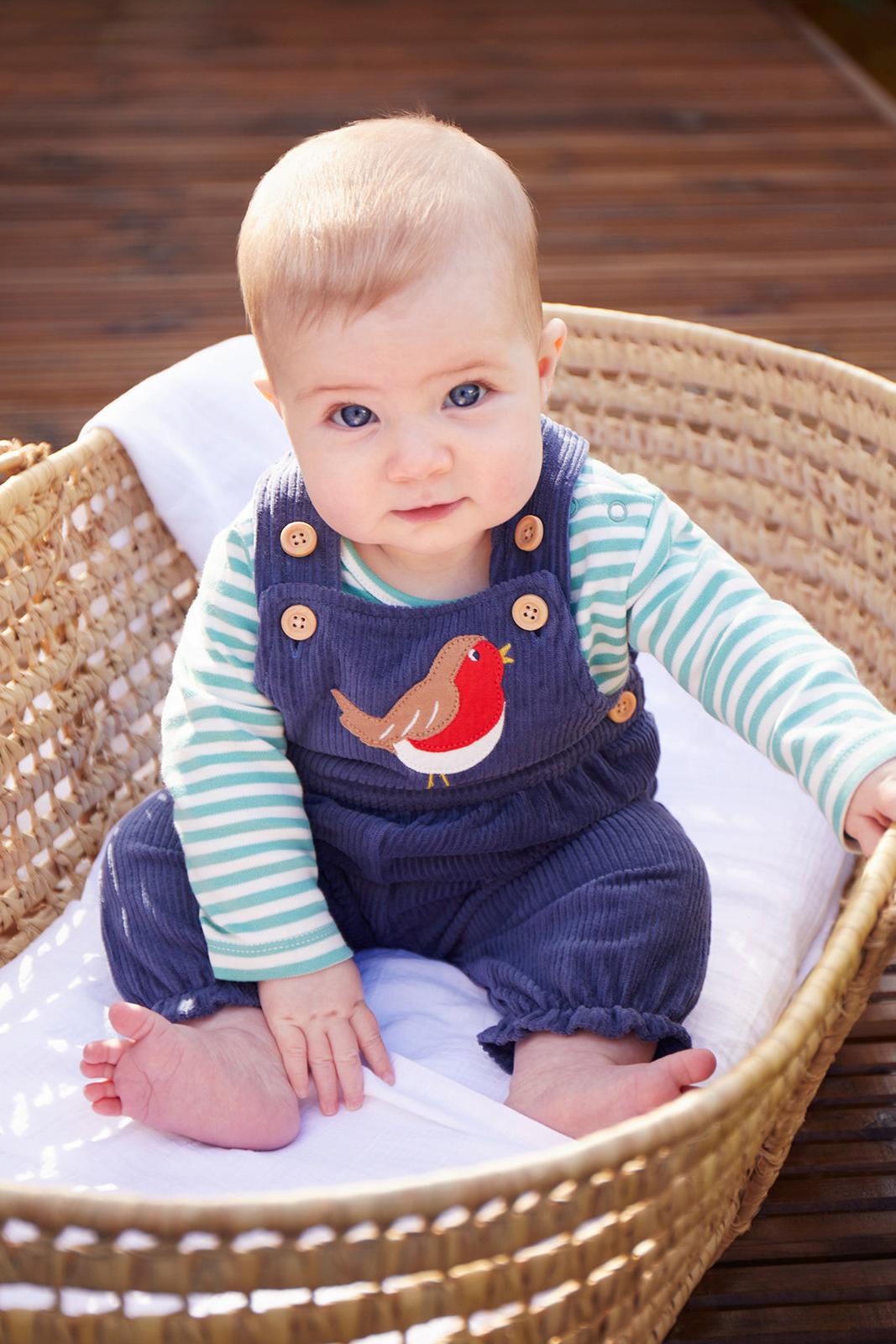 A baby sitting in a woven wicker bassinet, wearing navy corduroy overalls with a robin bird patch over a light green and white striped long-sleeve shirt.