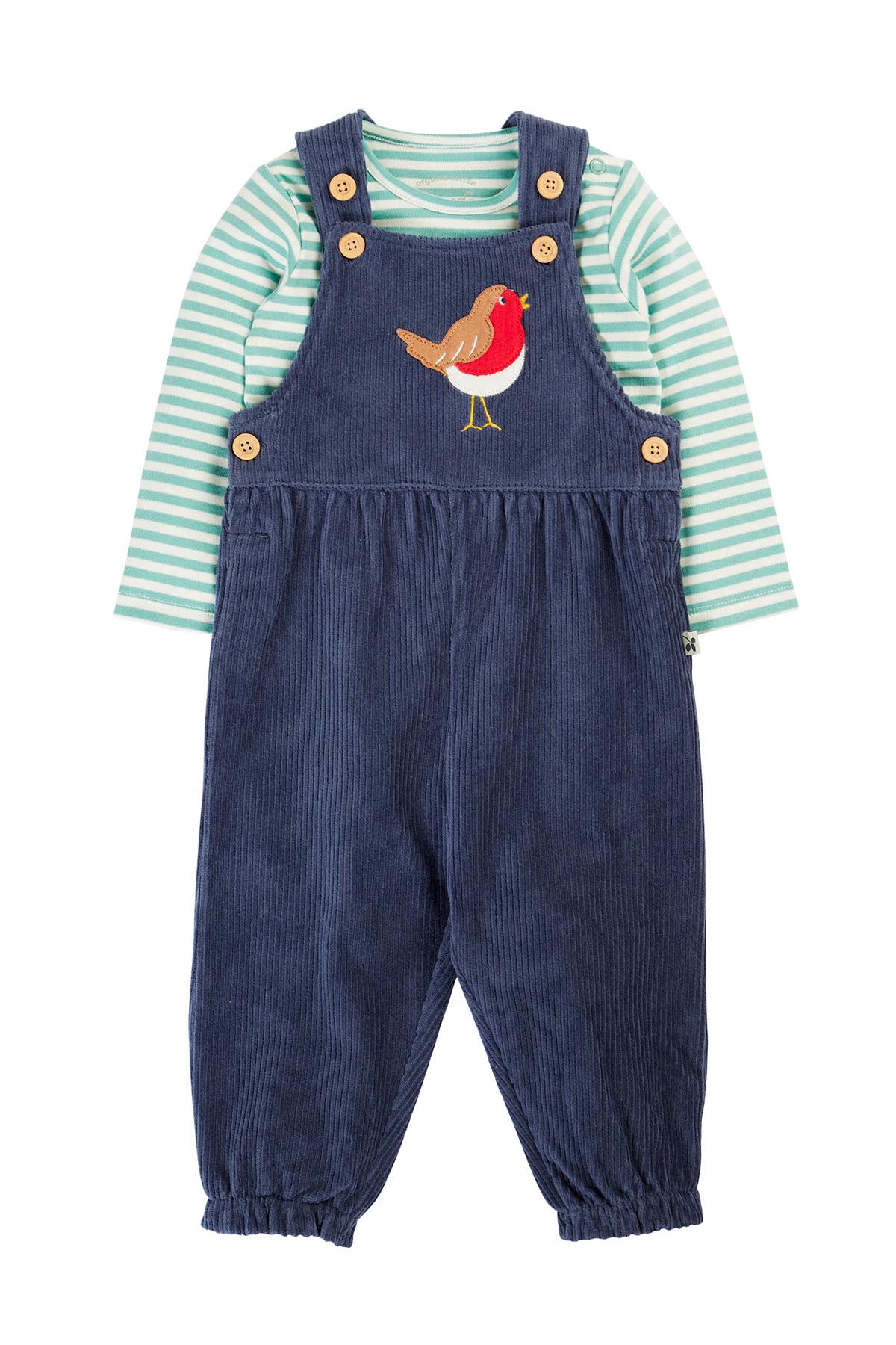 A baby two-piece outfit featuring navy blue corduroy overall pants with a robin bird applique on the chest, layered over a mint green and white striped long-sleeve shirt, shown on a plain white background.