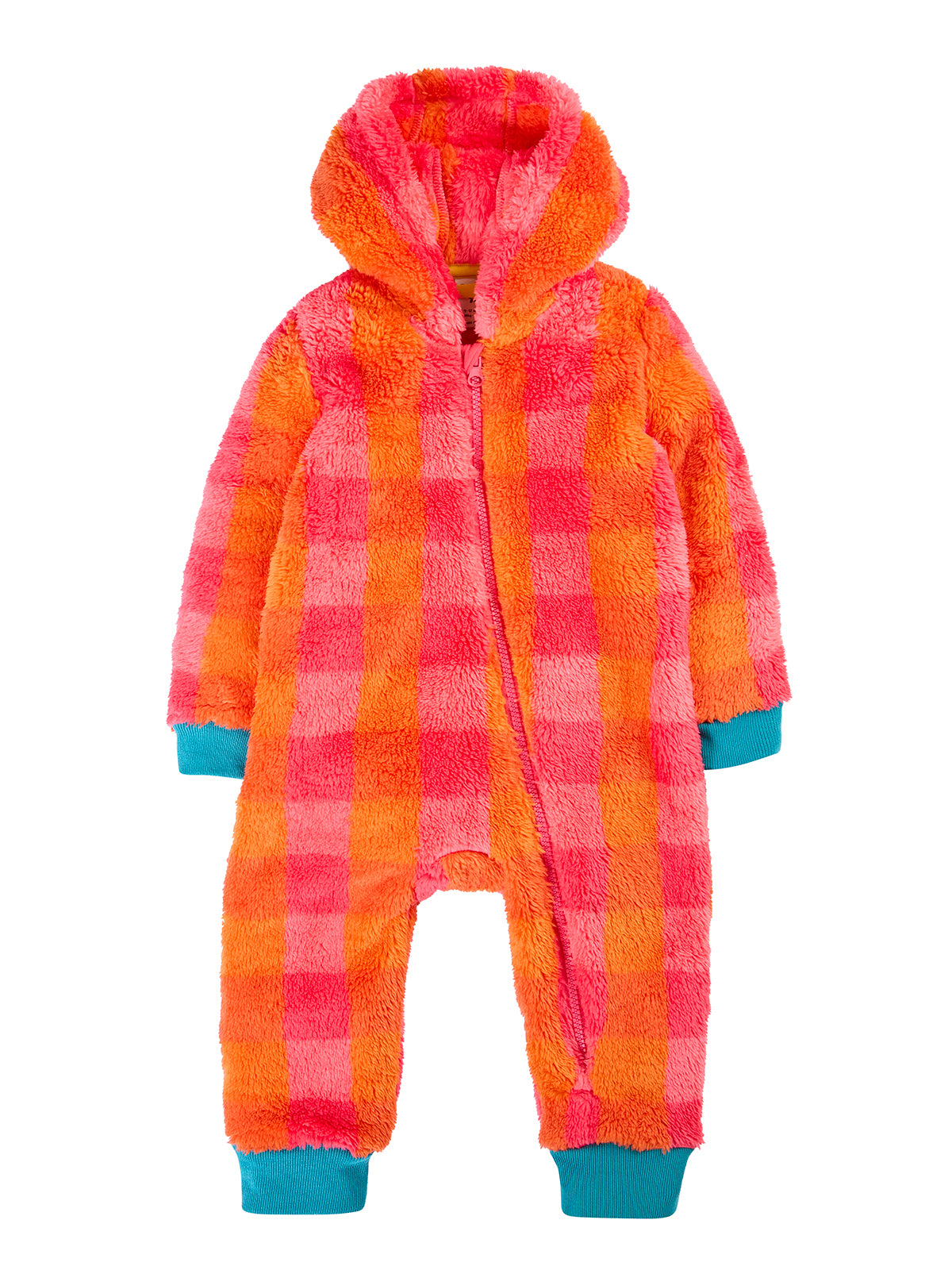 A Frugi baby pramsuit featuring an orange and pink fuzzy checkered pattern with teal cuffs.