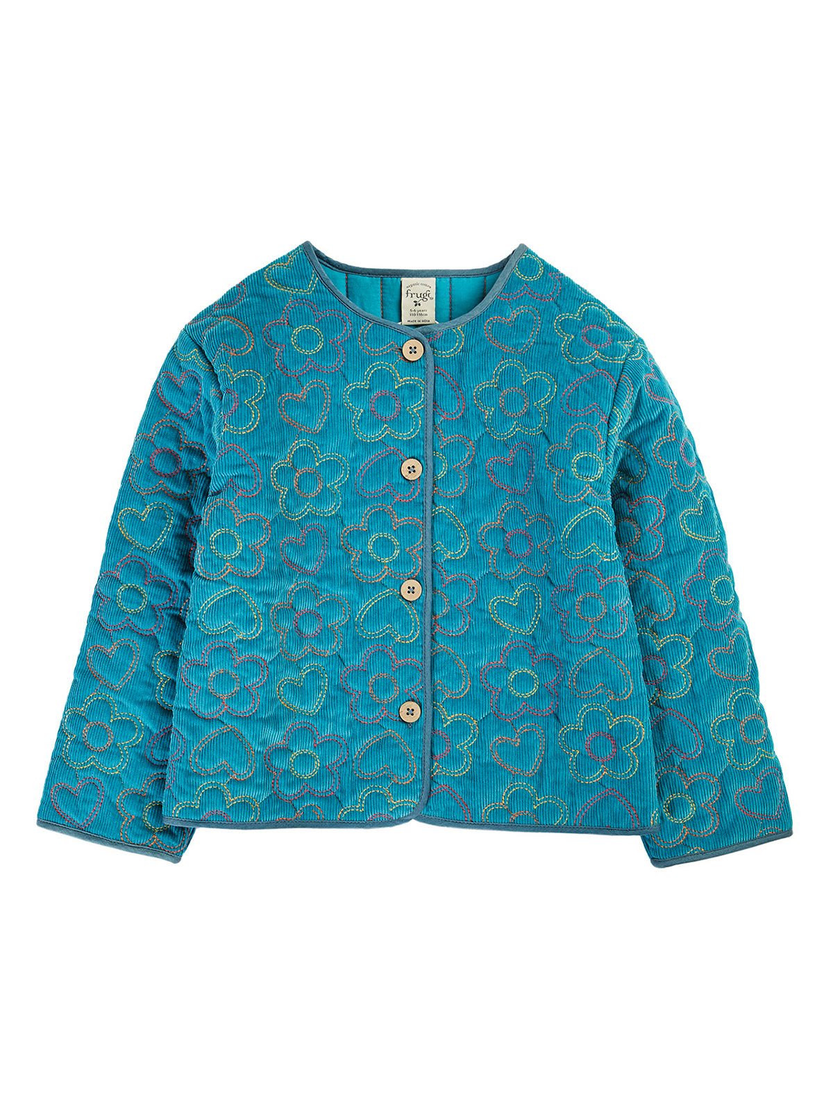 Frugi girls organic cotton cord jacket in teal with colorful embroidered flower and heart patterns.