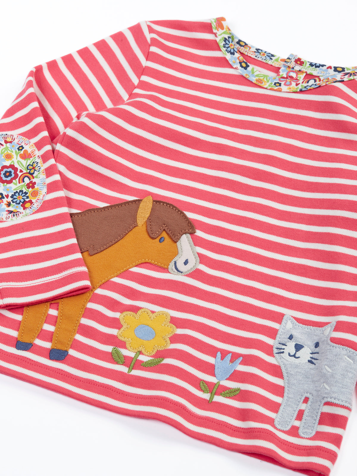 Frugi girls pink striped long sleeve tshirt with horse and cat applique design