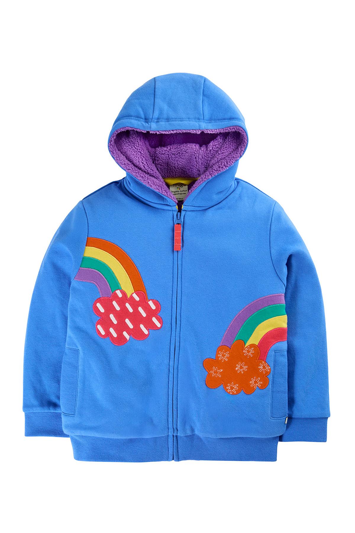 Blue Frugi girls hoodie with rainbow cloud appliques and purple cosy fleece lining.