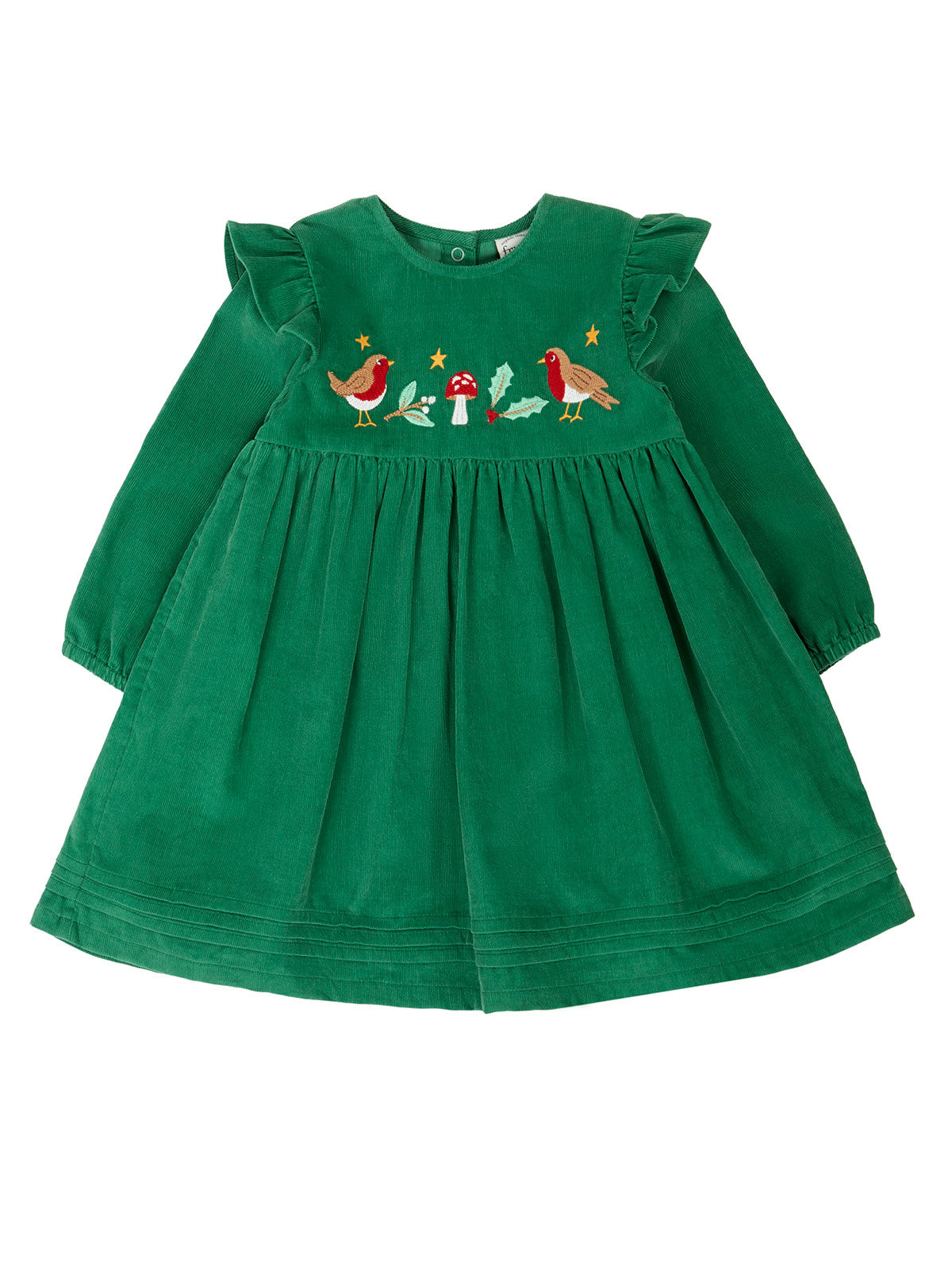 Frugi green organic cotton corduroy Christmas dress featuring robin embroidery and long sleeves.