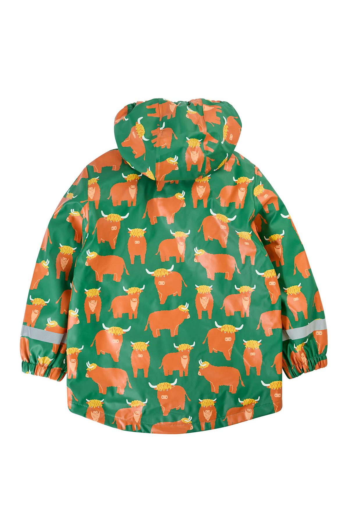 A green waterproof raincoat featuring an all-over print of cute orange Highland cows by Frugi