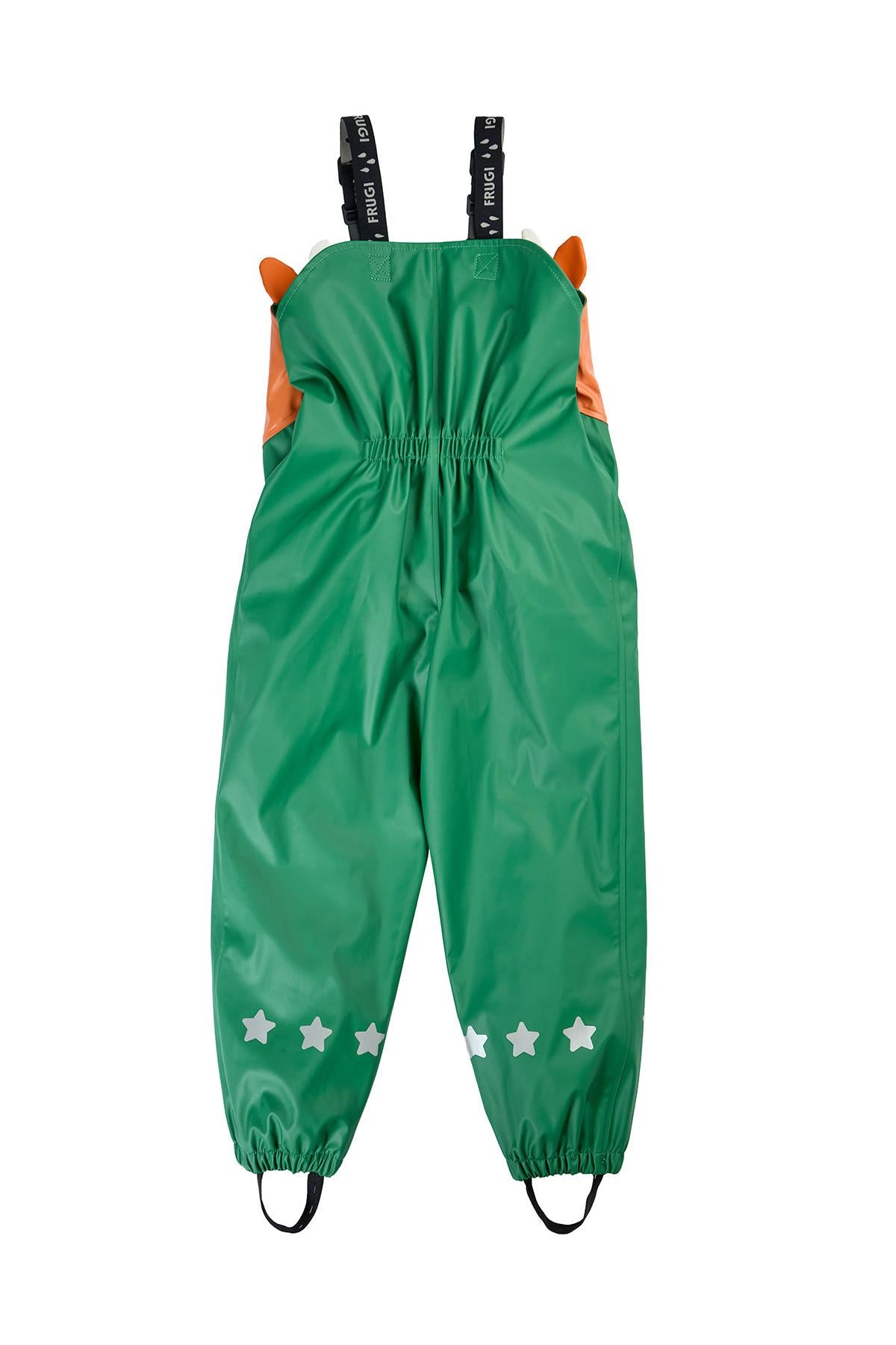 Green Frugi children's waterproof dungarees with reflective star details on a white background