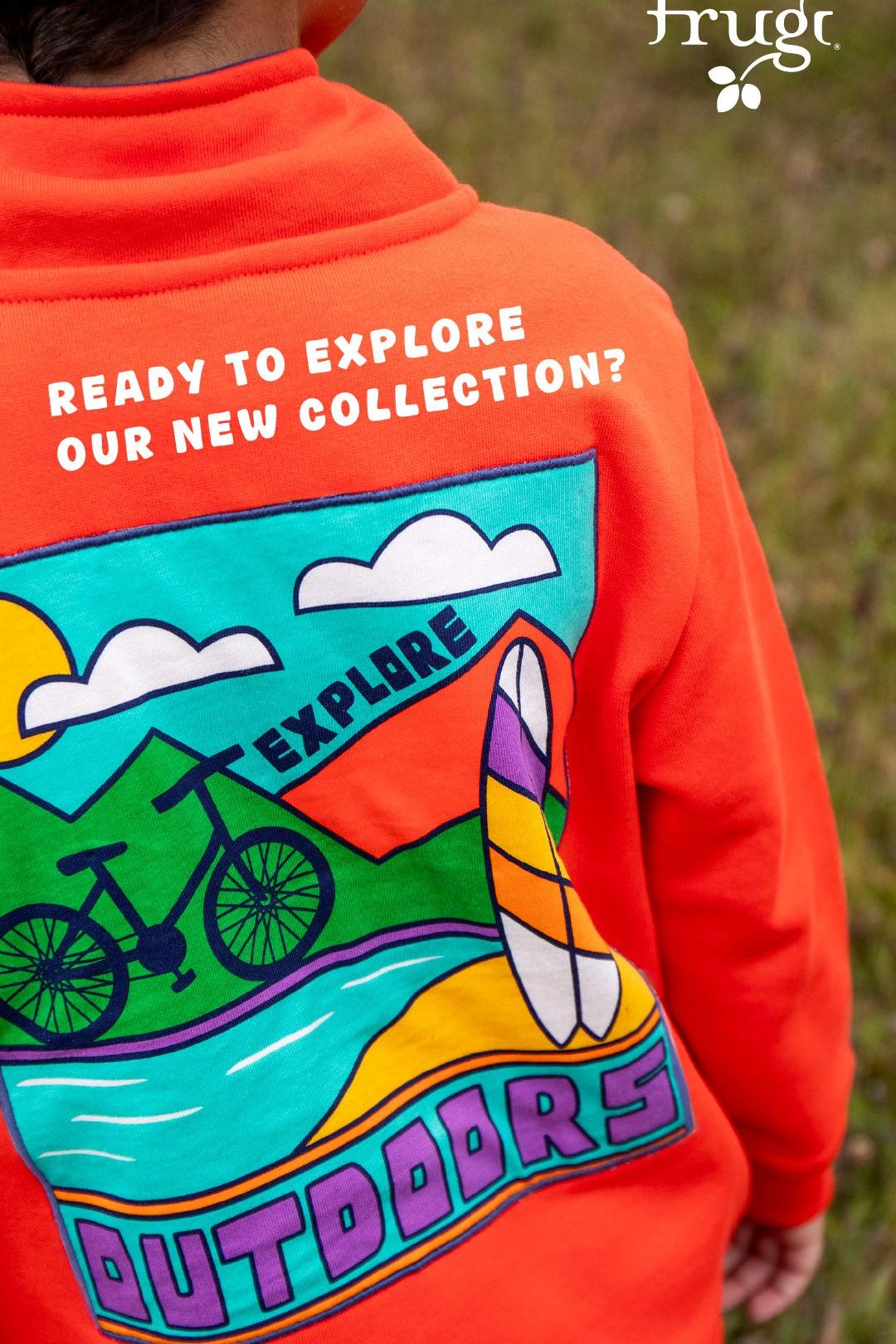 Orange hoodie with outdoor-themed design and text, featuring the brand 'Frugi'.
