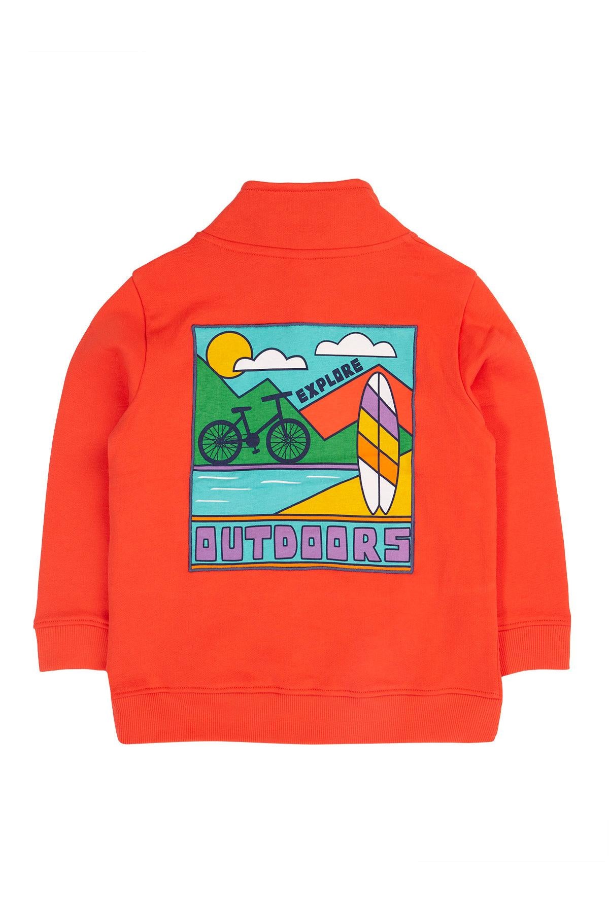 Orange sweatshirt with a colorful graphic on the back featuring a bicycle, surfboard, and text 'Explore Outdoors' on a white background.