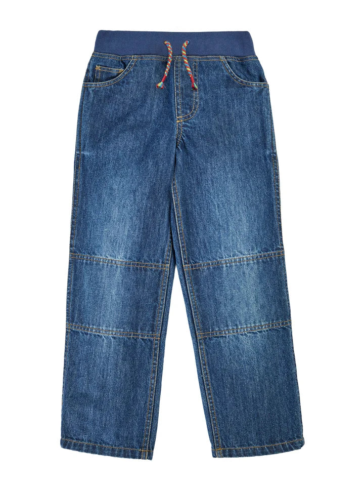 Frugi organic cotton jeans for kids with a blue adjustable drawstring waist and knee stitching detail.
