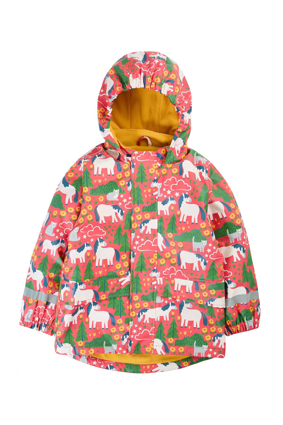 Frugi children's waterproof jacket in pink with a whimsical horse, forest, and flower pattern