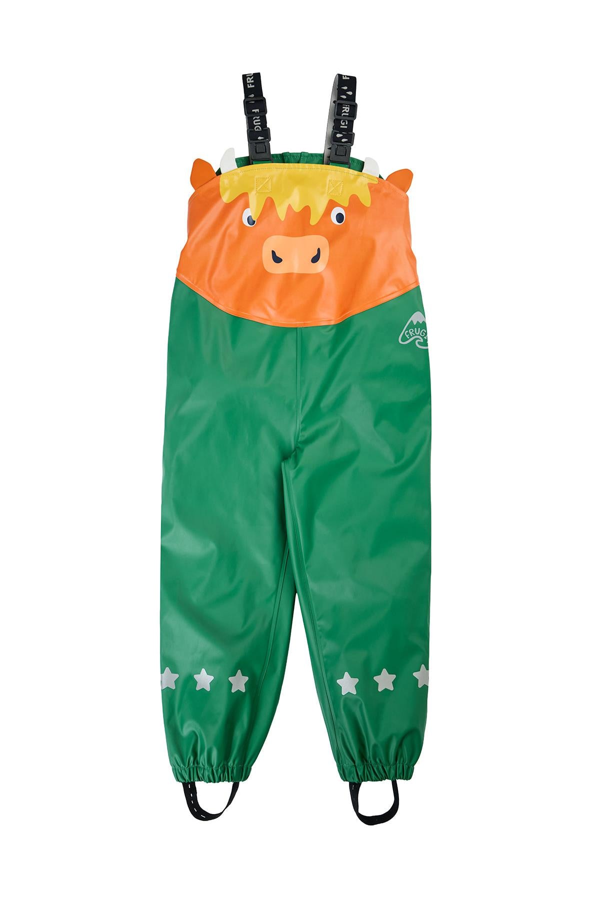 Frugi kids green and orange waterproof dungarees with a highland cow character design