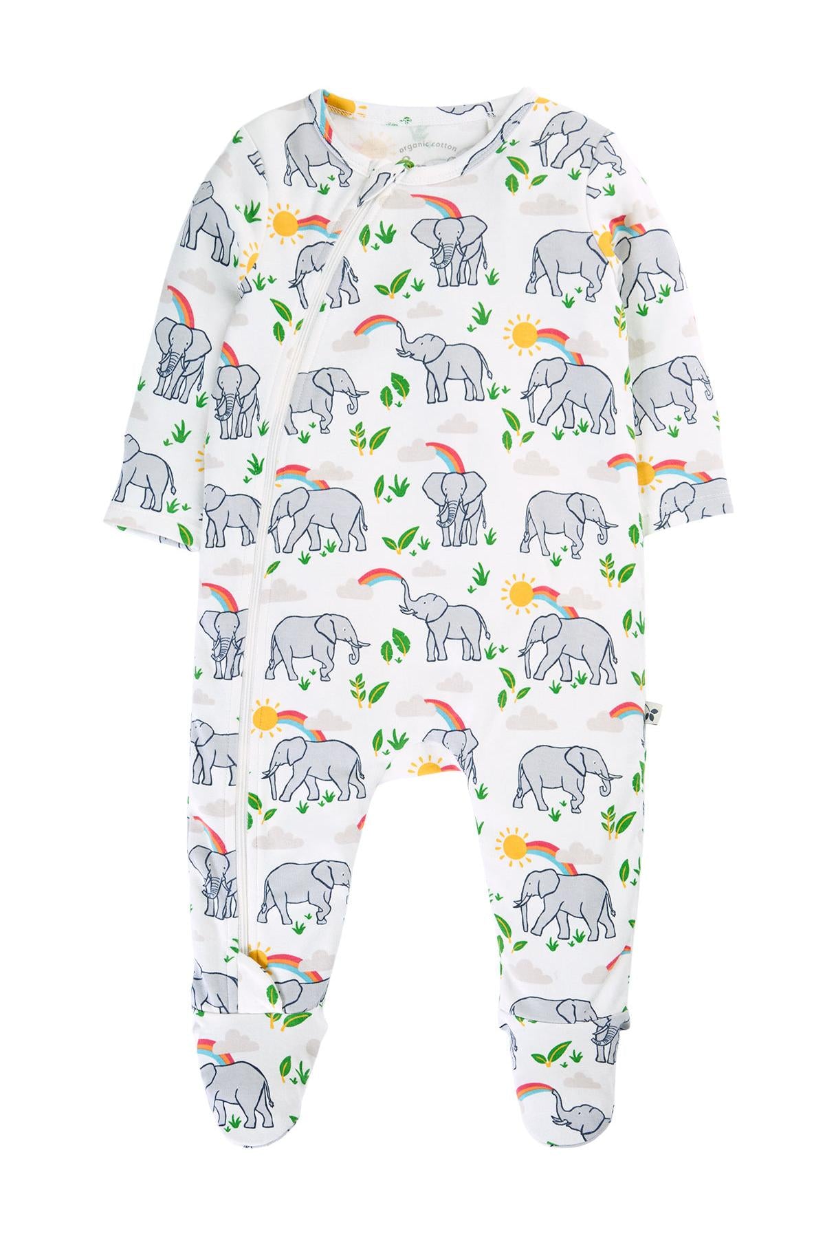 Frugi babygrow with elephant pattern on a white background