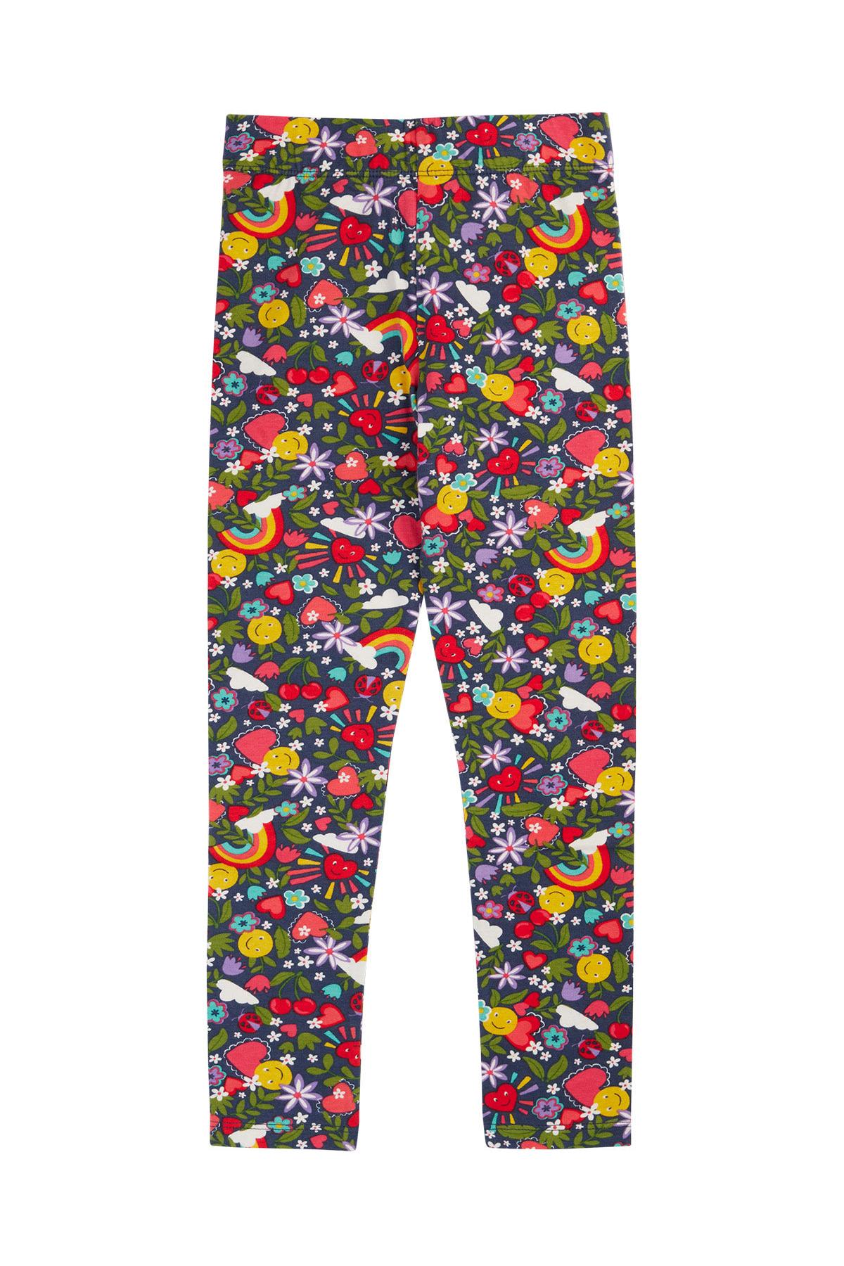Colorful patterned leggings with various designs on a white background