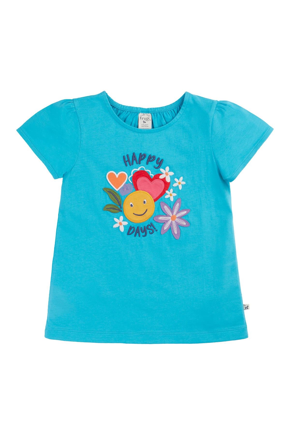 Blue organic cotton t-shirt with colourful graphics and text on a white background