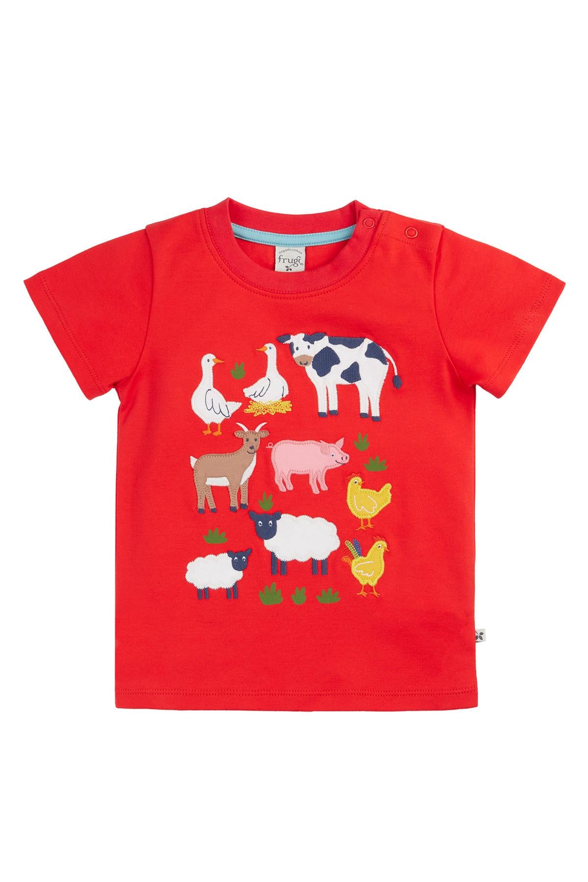 Red organic cotton t-shirt with farm animal illustrations on a white background