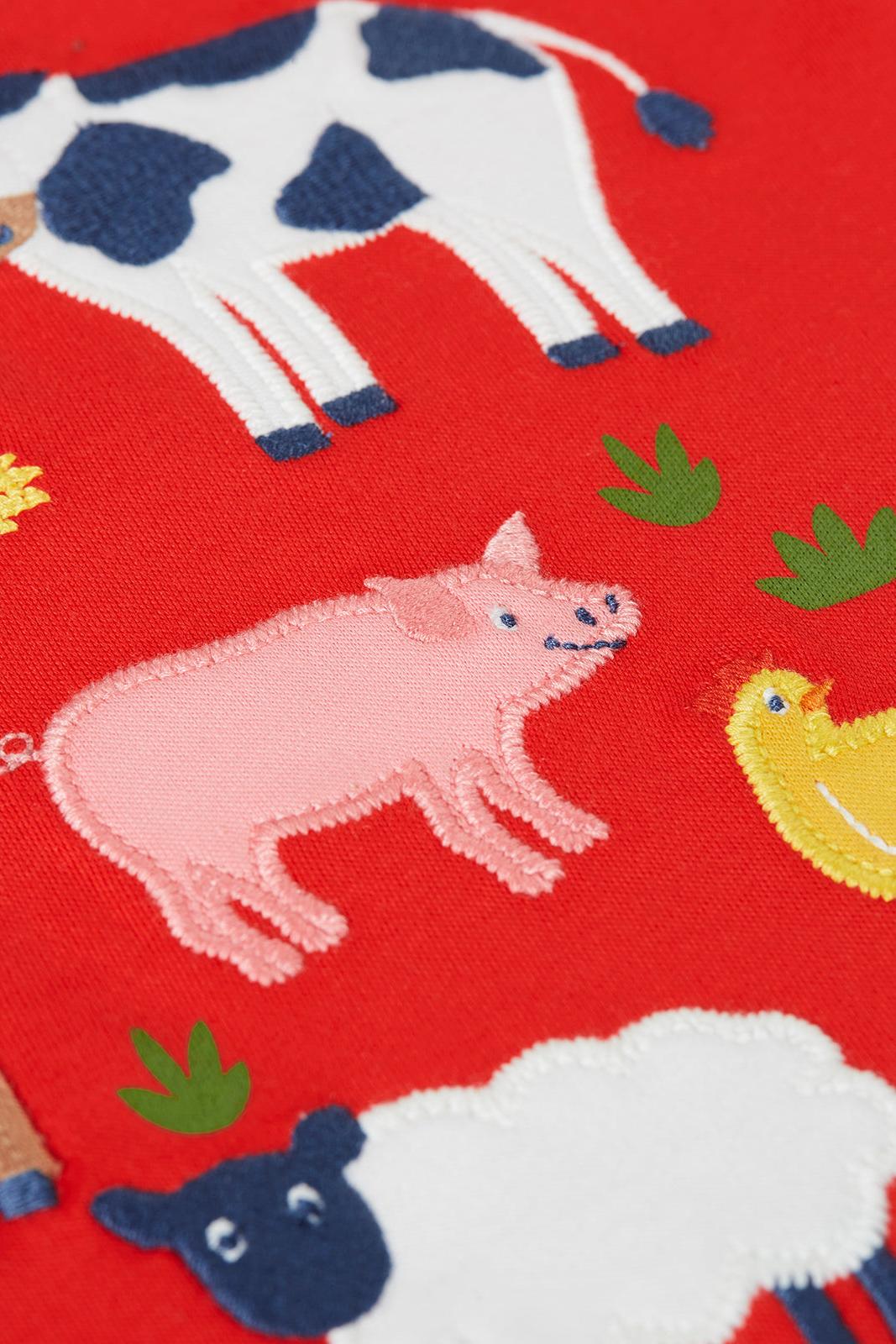 Farm animal pattern on a red background with cow, pig, sheep, and chicken.