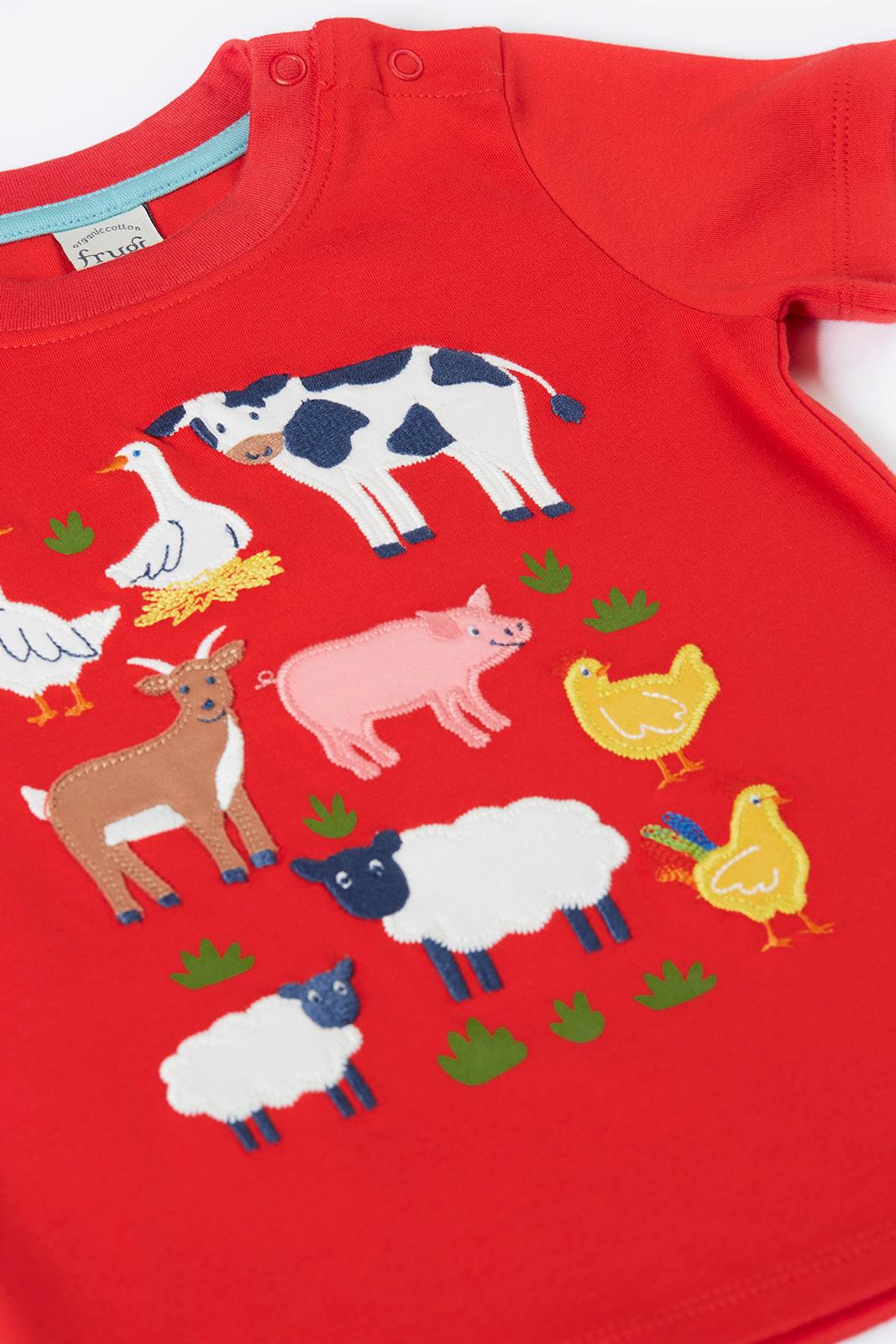 Red Frugi t-shirt with farm animal illustrations on a white background
