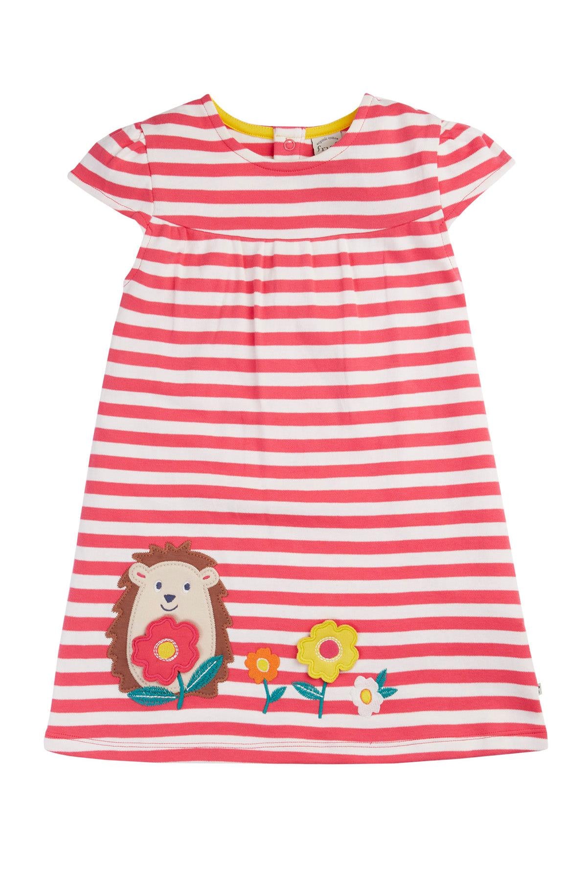 Red and white striped dress with a hedgehog and flower design on a white background